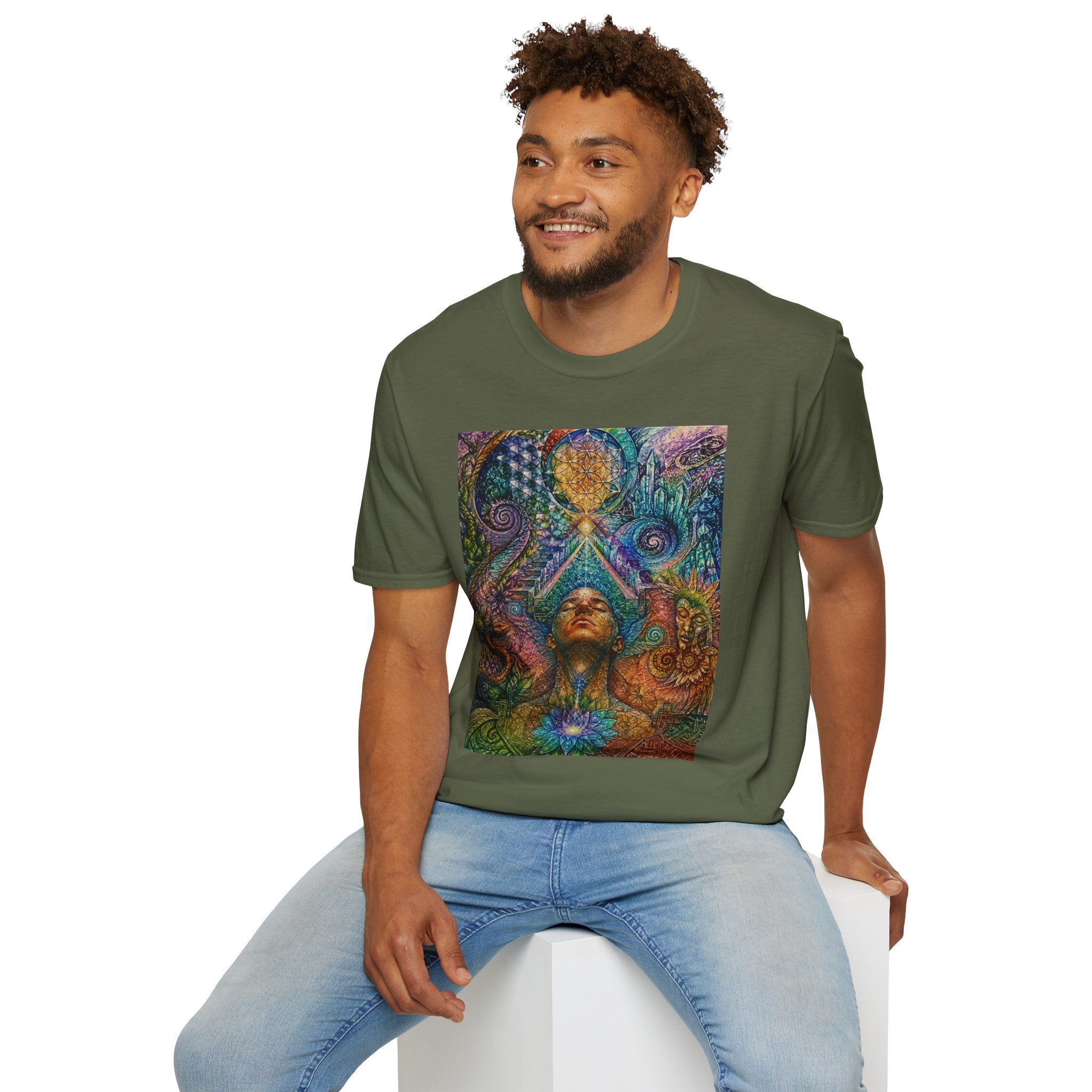 Psychedelic Visionary Tee — Spiritual Geometry & Rising Human Artwork