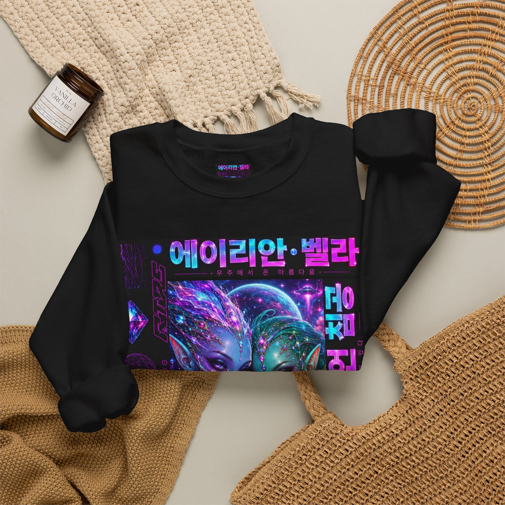 Alien Sisters Crewneck Sweatshirt — Neon Cyberpunk Space Art