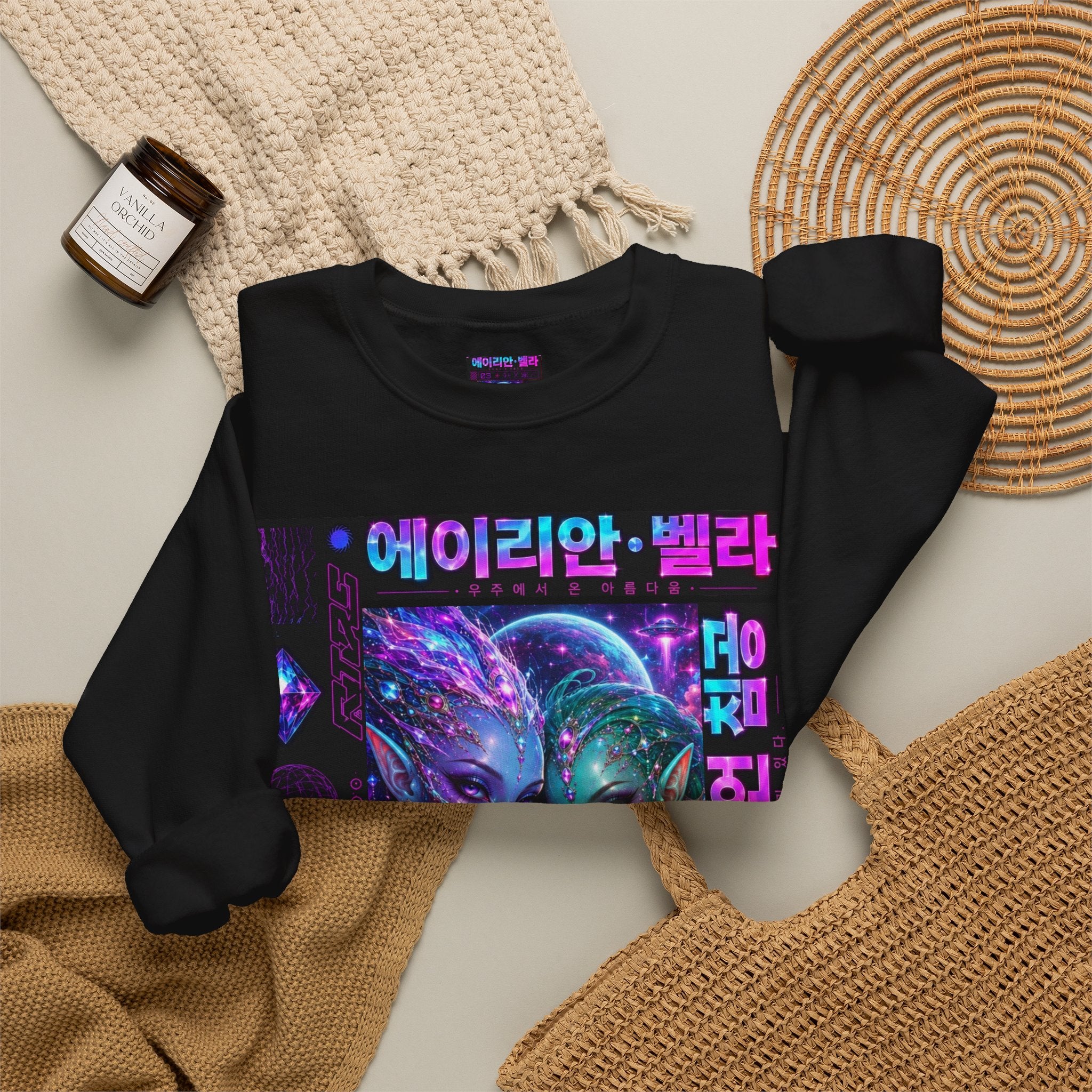 Alien Sisters Crewneck Sweatshirt — Neon Cyberpunk Space Art