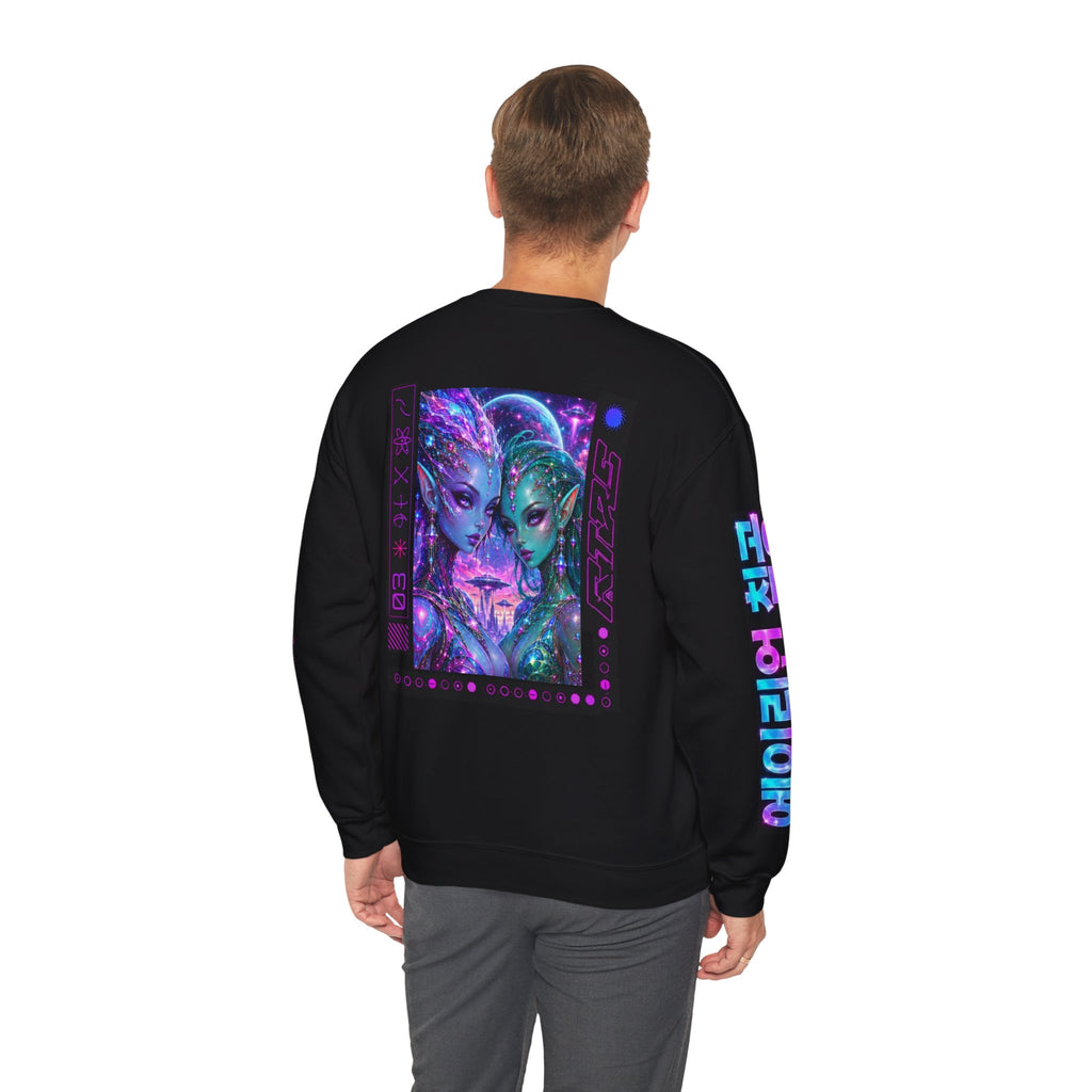 Alien Sisters Crewneck Sweatshirt — Neon Cyberpunk Space Art
