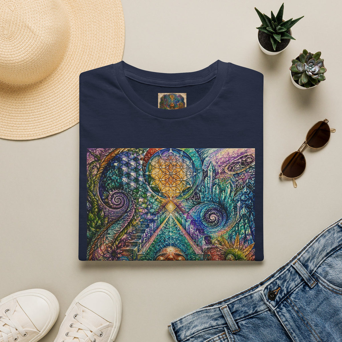 Psychedelic Visionary Tee — Spiritual Geometry & Rising Human Artwork