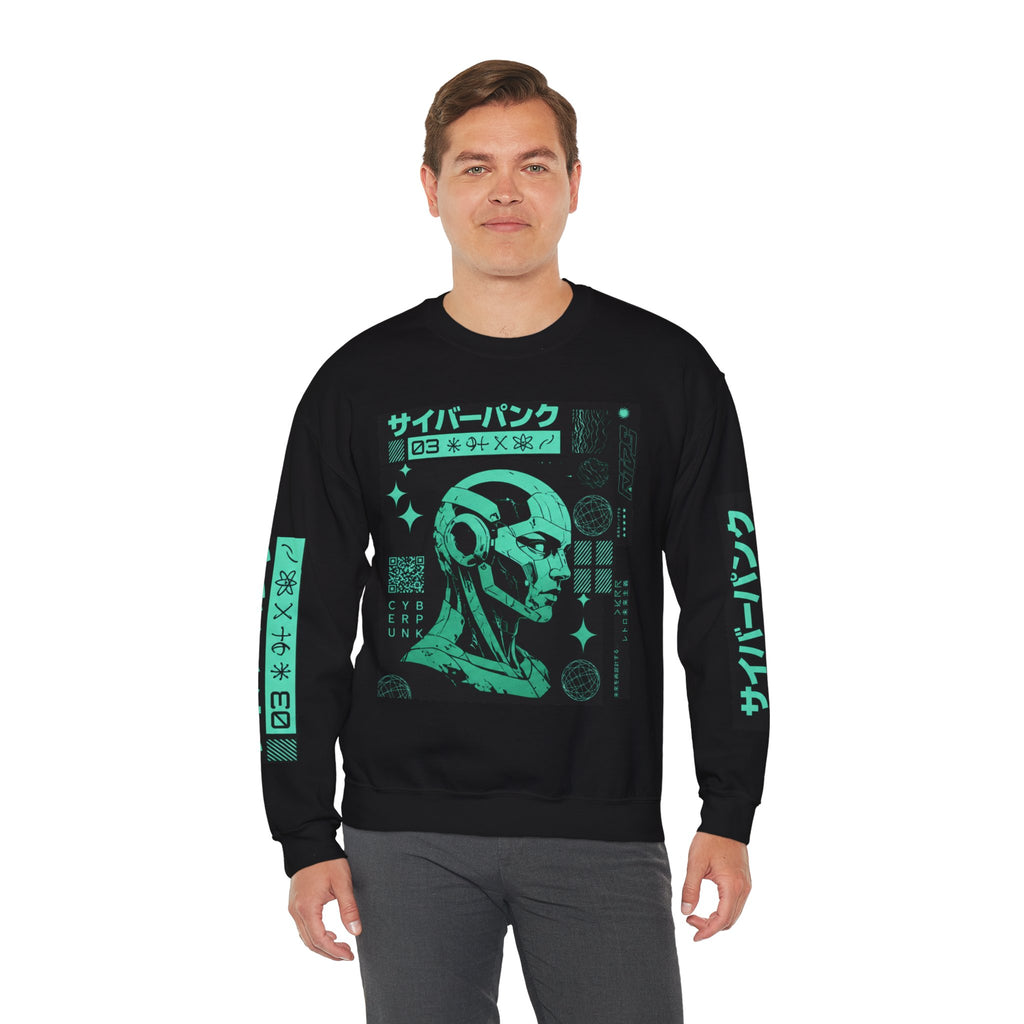 Cyberpunk Android Crewneck Sweatshirt — Neon Green Robotic Head Design