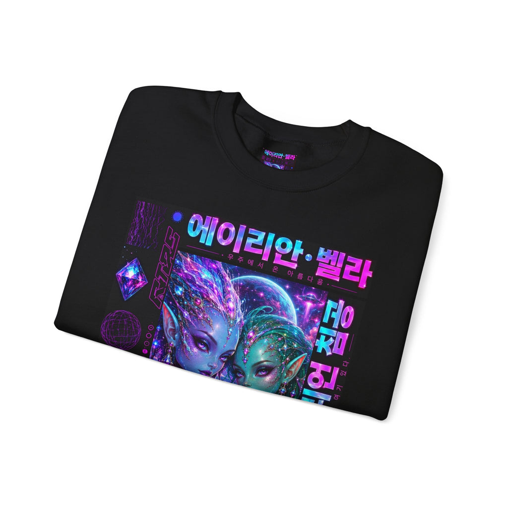 Alien Sisters Crewneck Sweatshirt — Neon Cyberpunk Space Art