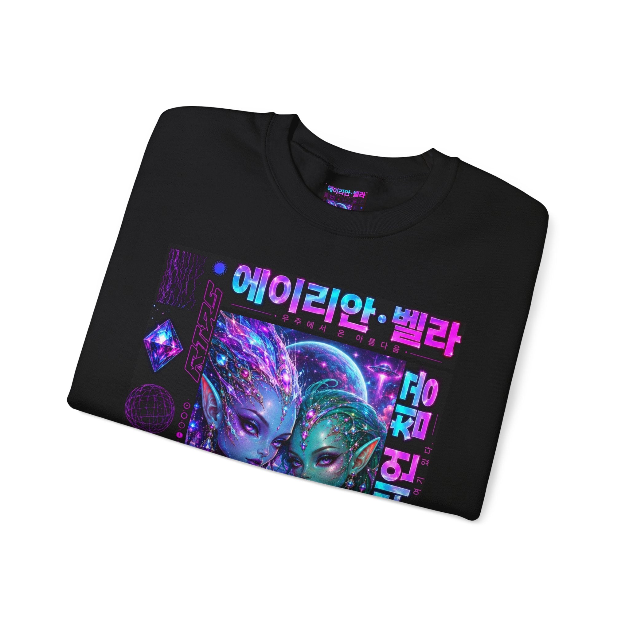 Alien Sisters Crewneck Sweatshirt — Neon Cyberpunk Space Art