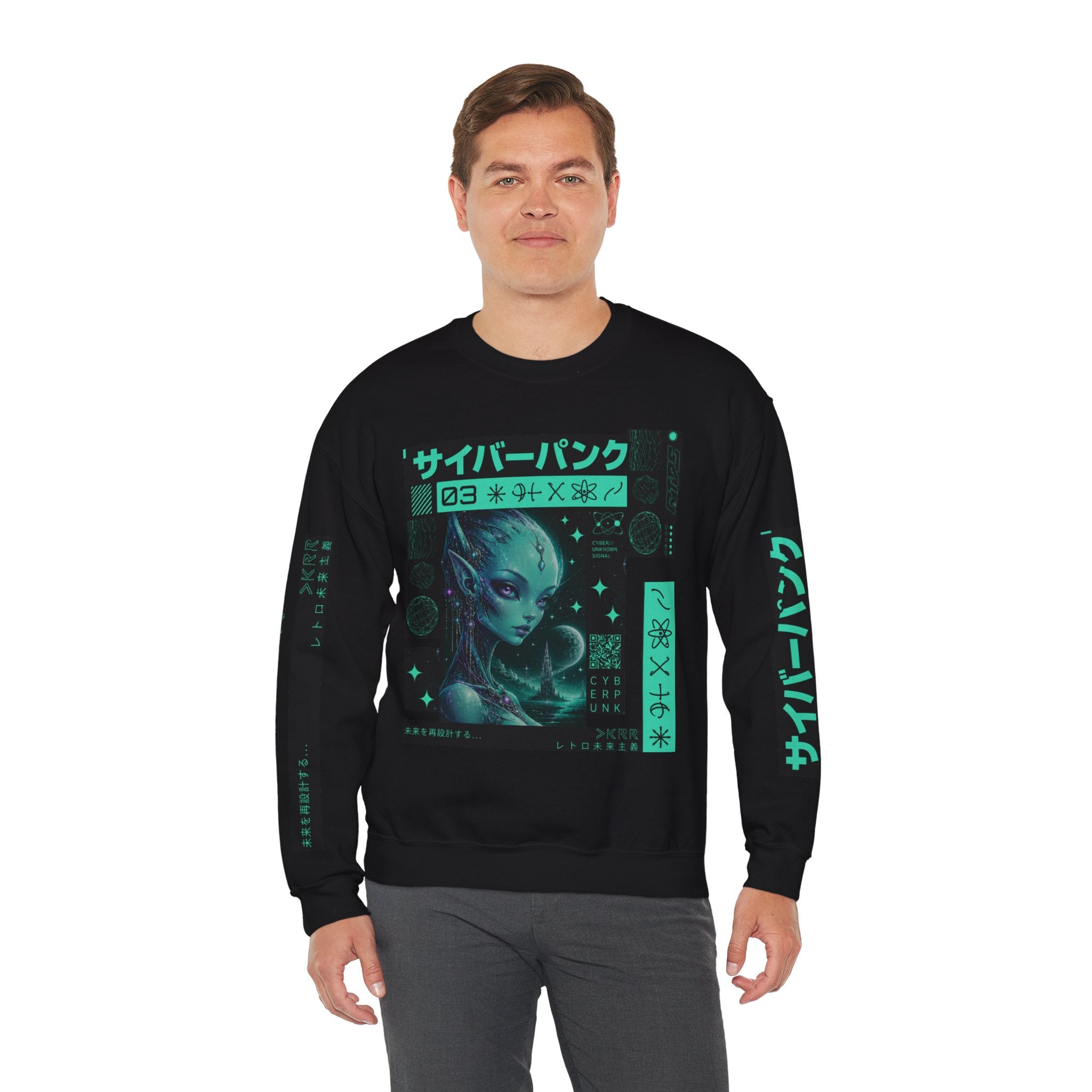 Cyberpunk Alien Crewneck Sweatshirt — Neon Green Futuristic Graphic