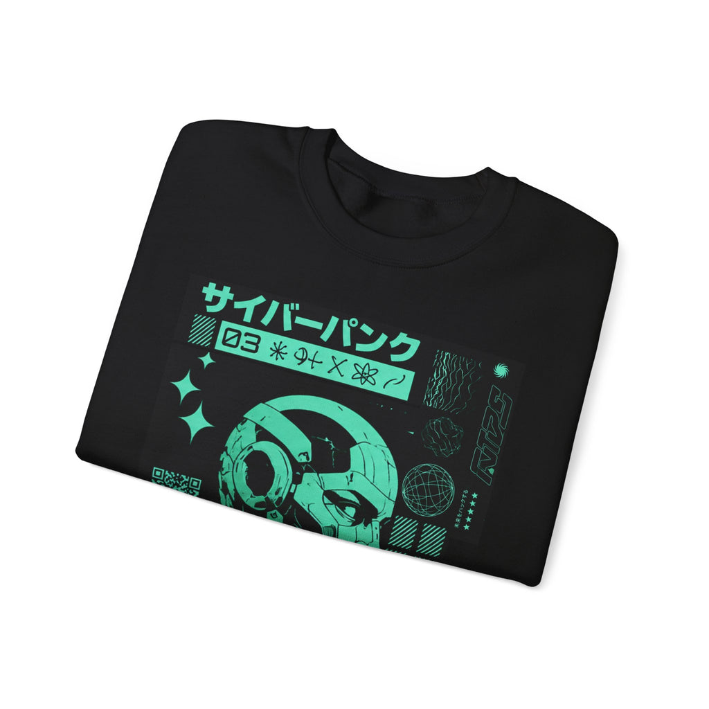 Cyberpunk Android Crewneck Sweatshirt — Neon Green Robotic Head Design