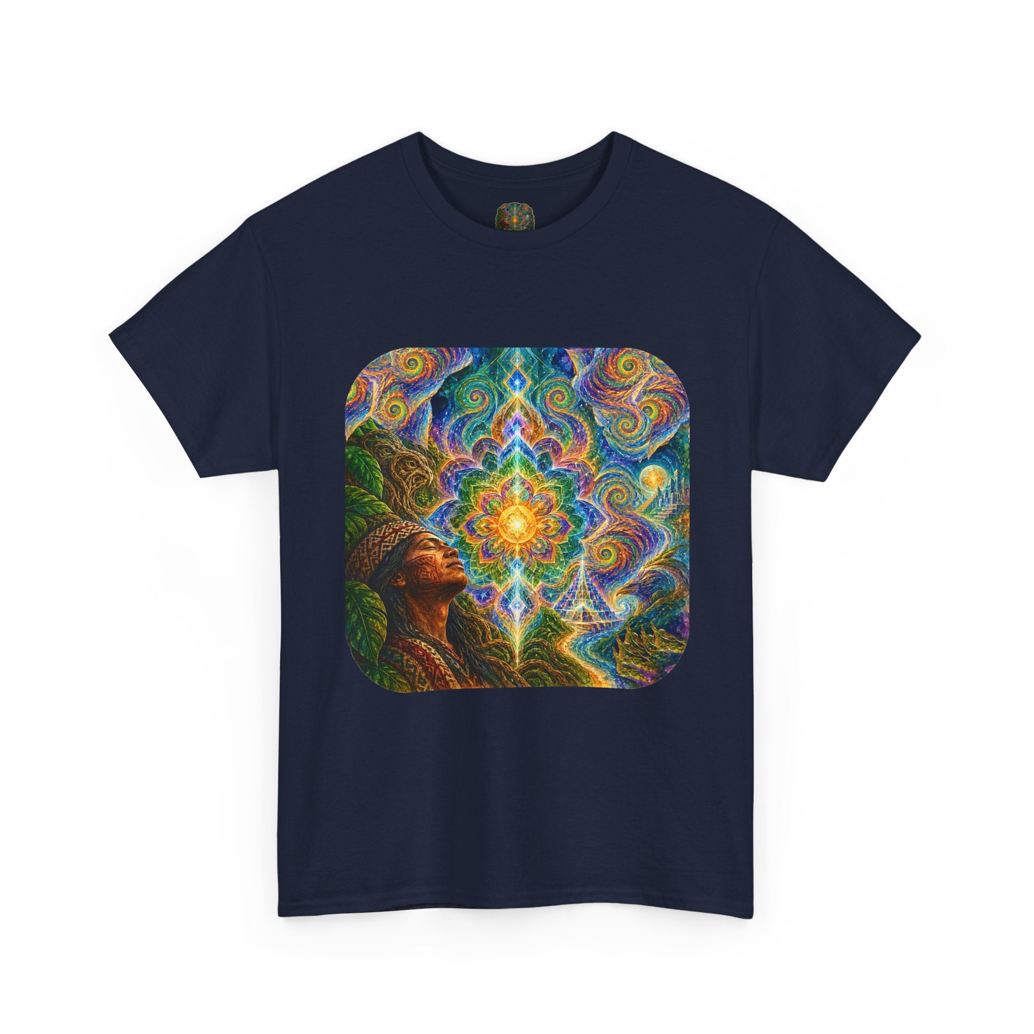 "See the world not with eyes, but with the soul." Ayahuasca  T-Shirt — Mystic Mandala & Shamanic Portrait Graphic