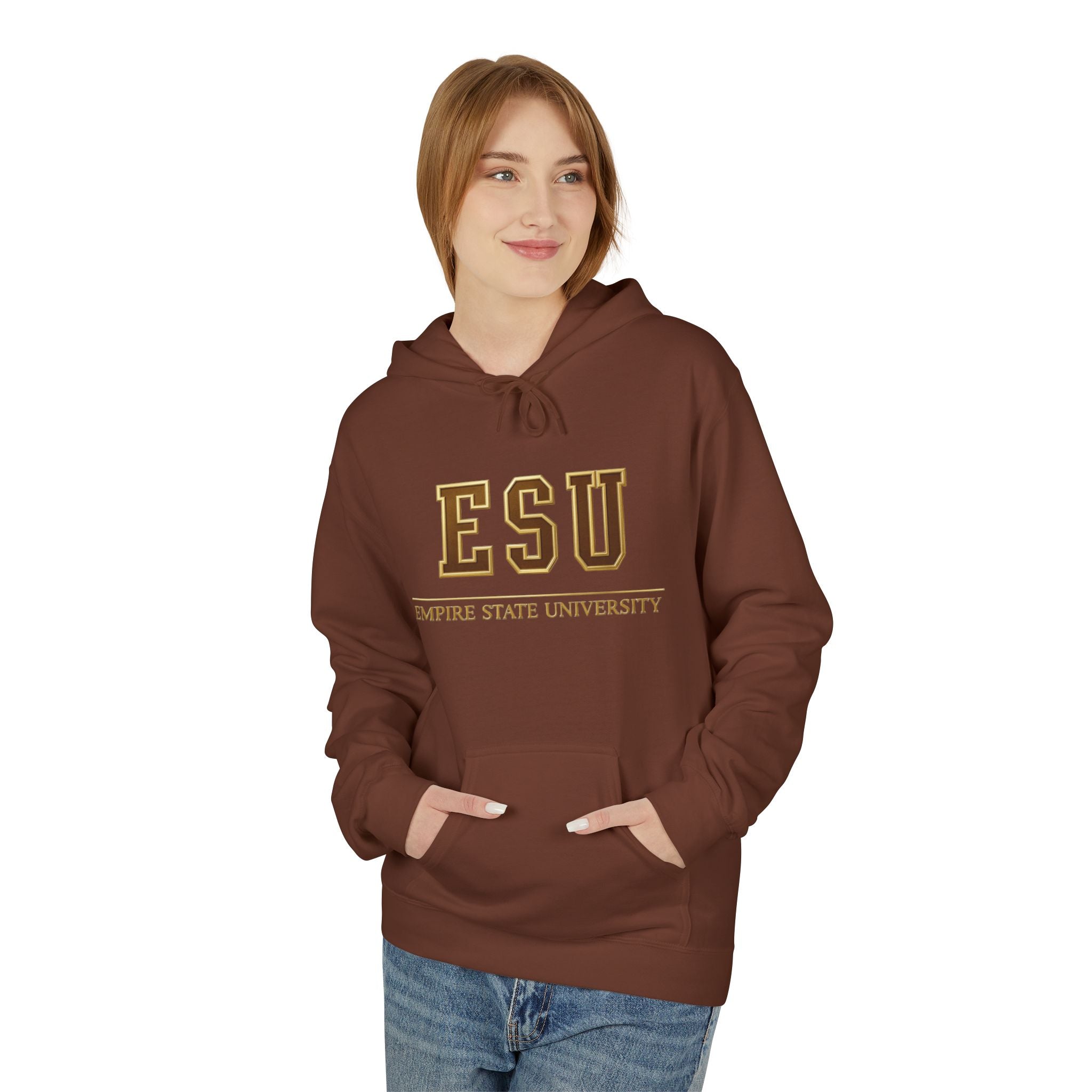 ESU Empire State University Hoodie — Collegiate Brown Pullover with Crest & Element Icons