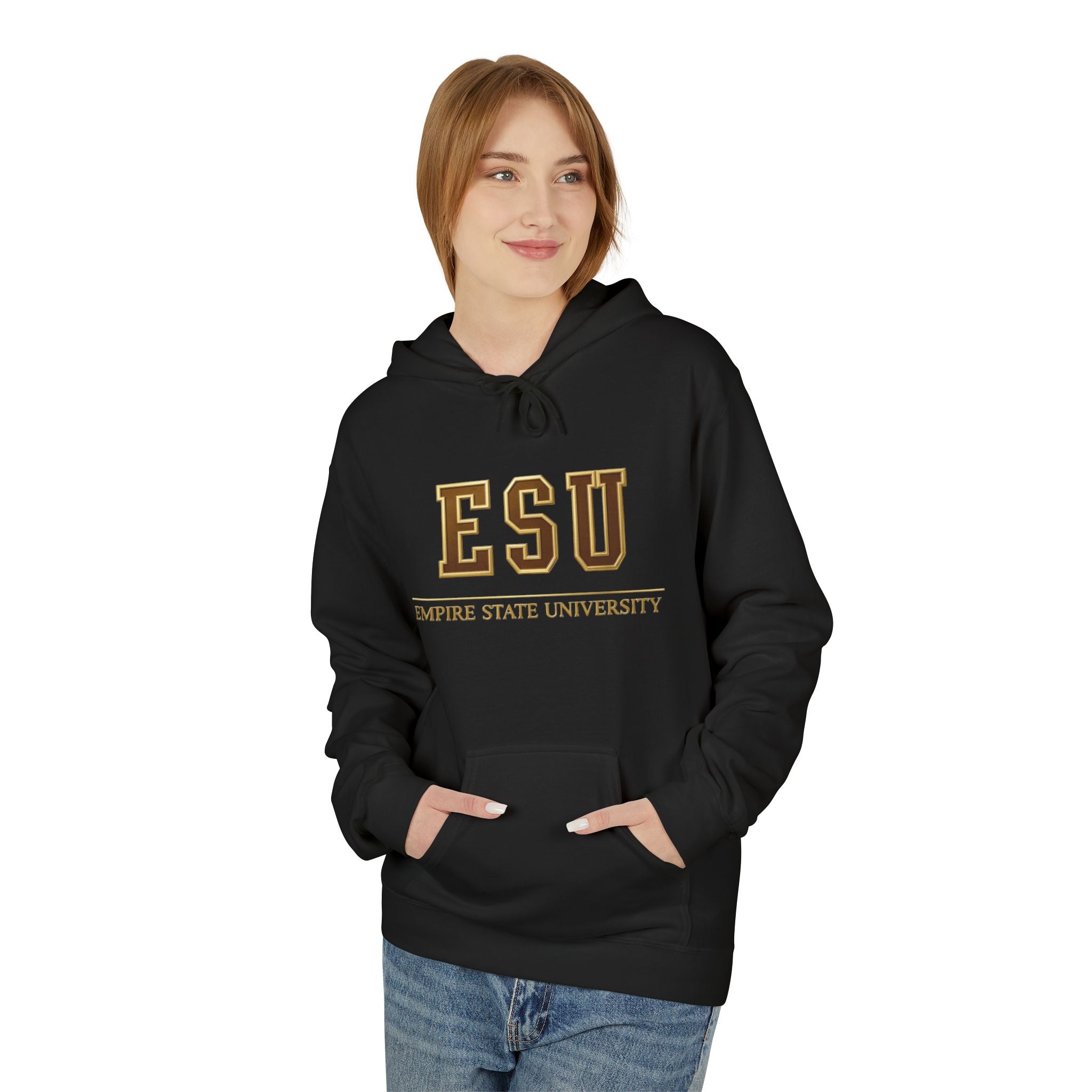 ESU Empire State University Hoodie — Collegiate Brown Pullover with Crest & Element Icons