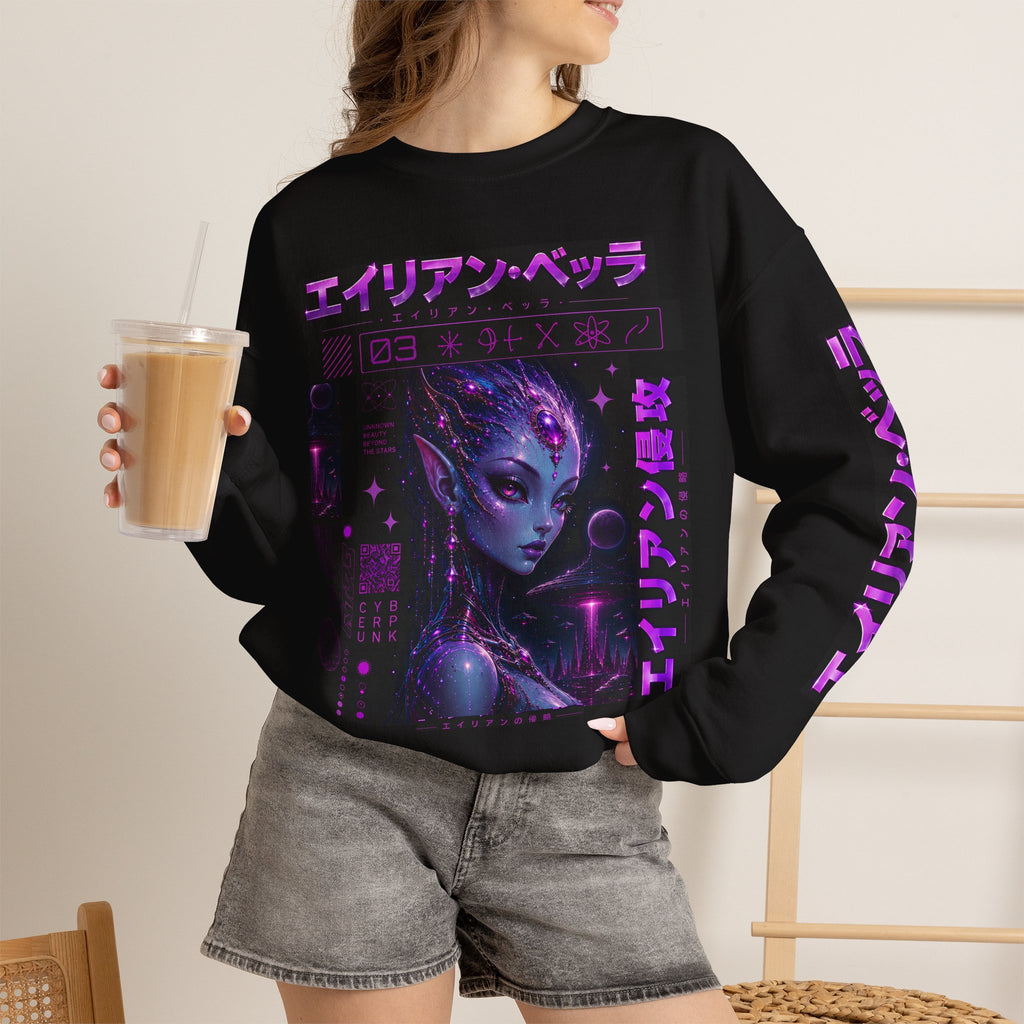 Alien Empress Crewneck Sweatshirt — Violet Cosmic Anime Graphic