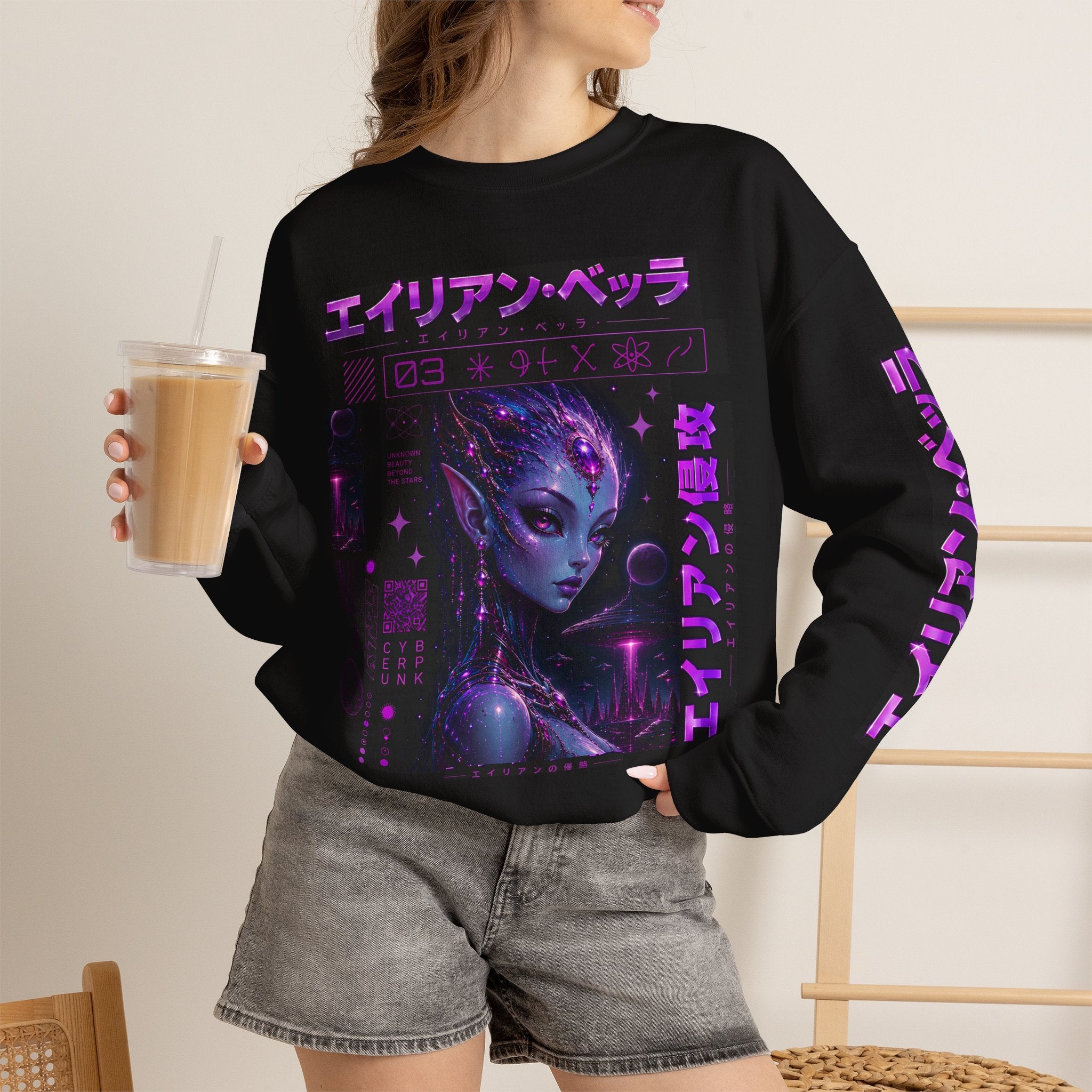 Alien Empress Crewneck Sweatshirt — Violet Cosmic Anime Graphic
