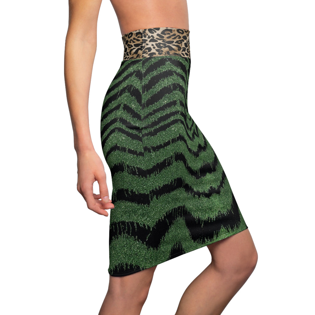 Green Tiger Stripe Pencil Skirt with Leopard Waistband