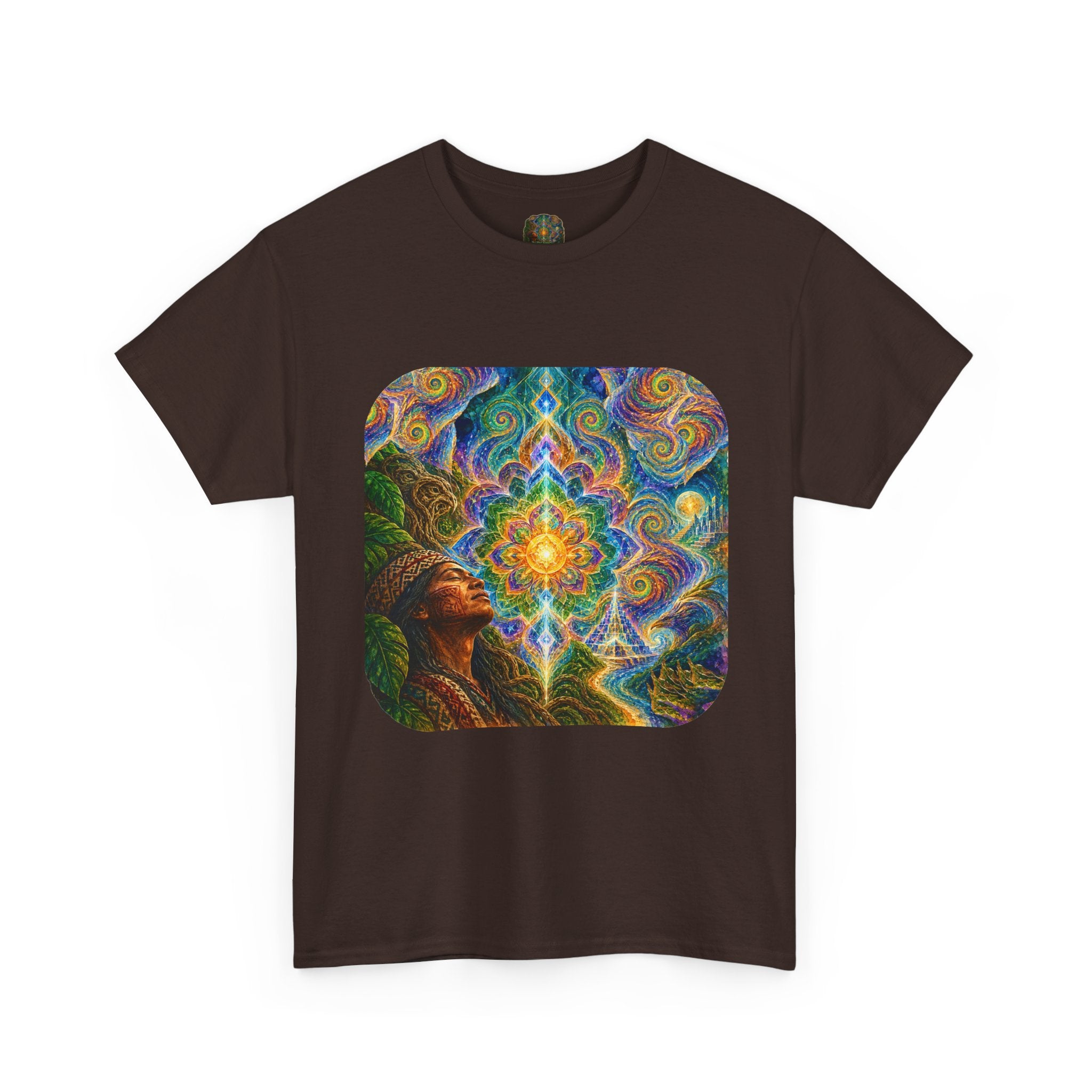"See the world not with eyes, but with the soul." Ayahuasca  T-Shirt — Mystic Mandala & Shamanic Portrait Graphic