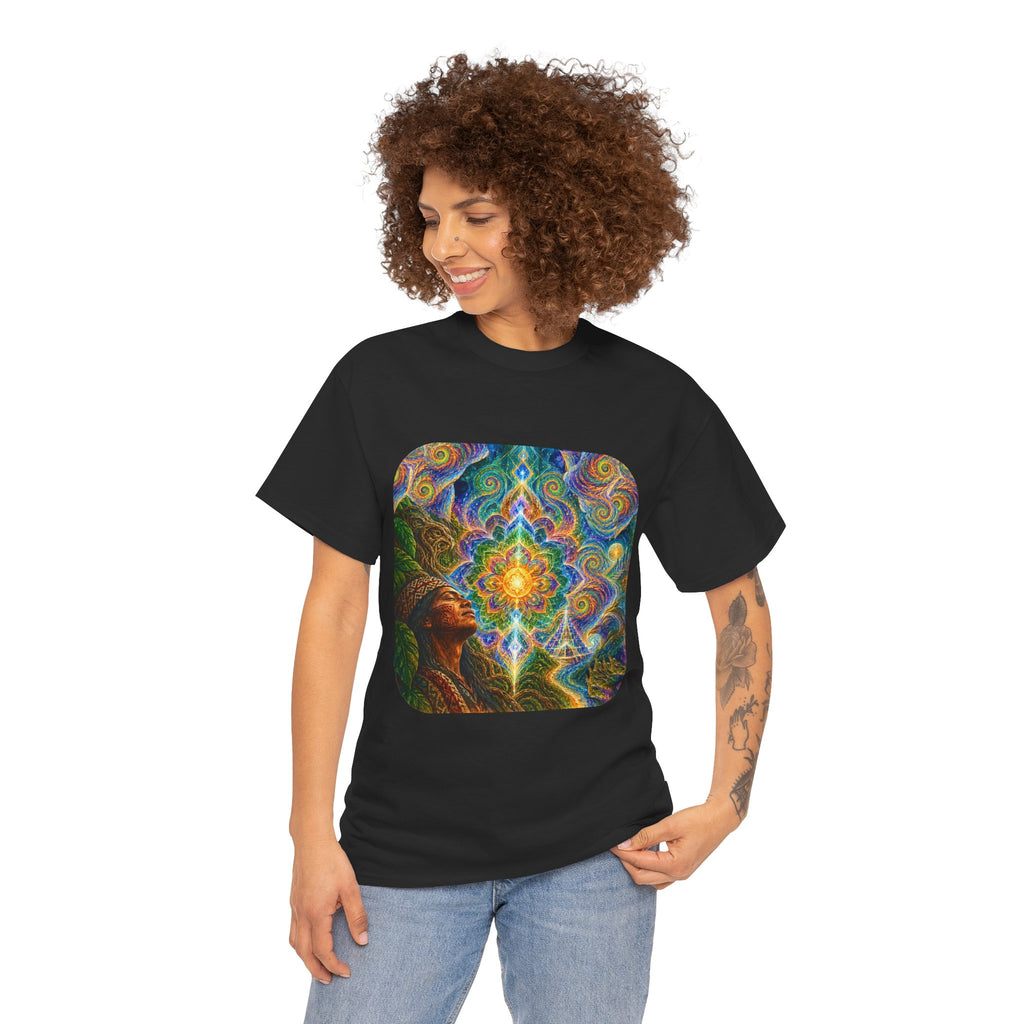 "See the world not with eyes, but with the soul." Ayahuasca  T-Shirt — Mystic Mandala & Shamanic Portrait Graphic