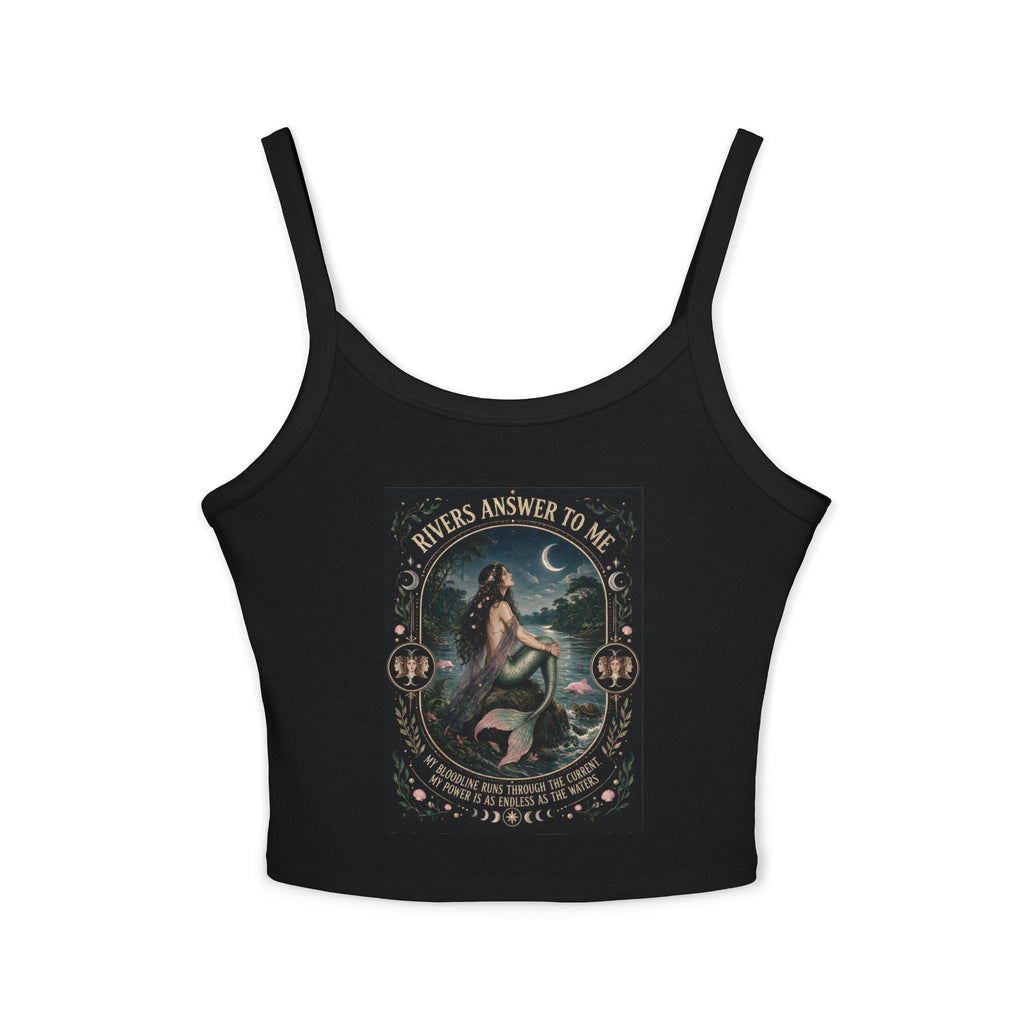 Mermaid Vintage Graphic Tank Top — "Rivers Answer to Me" Cropped Spaghetti Strap