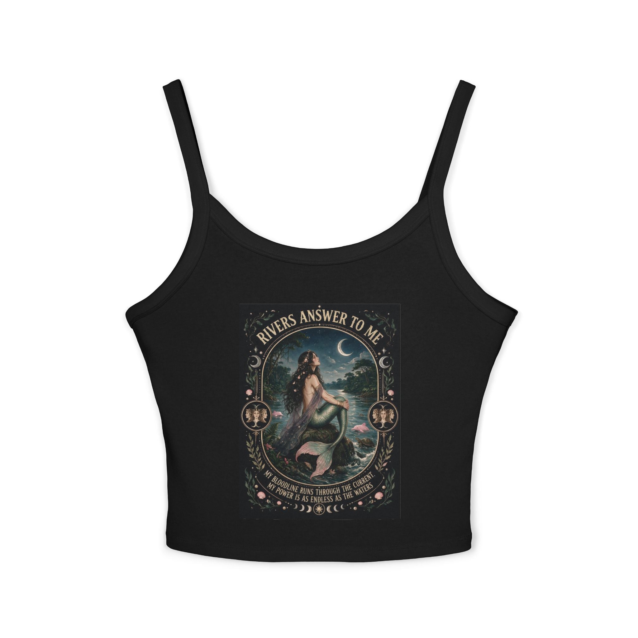 Mermaid Vintage Graphic Tank Top — "Rivers Answer to Me" Cropped Spaghetti Strap