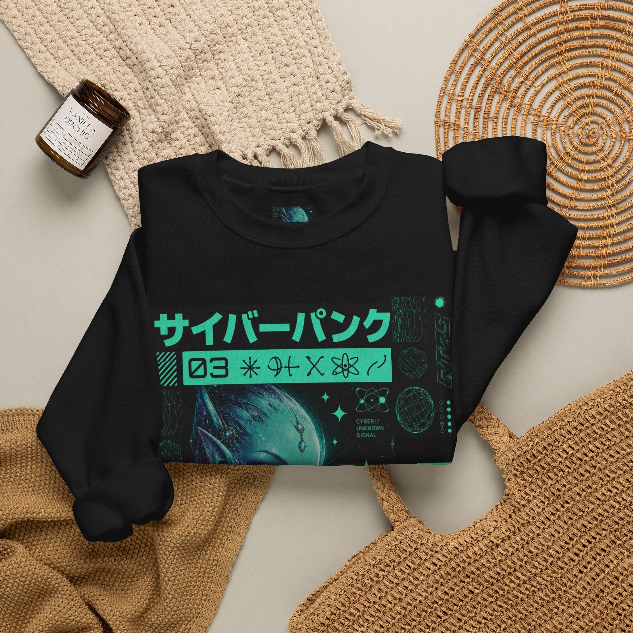 Cyberpunk Alien Crewneck Sweatshirt — Neon Green Futuristic Graphic