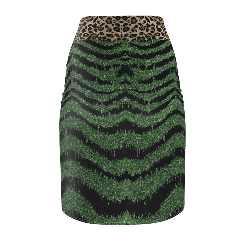 Green Tiger Stripe Pencil Skirt with Leopard Waistband
