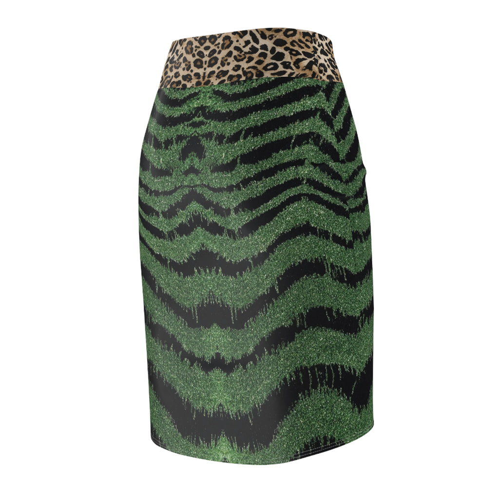 Green Tiger Stripe Pencil Skirt with Leopard Waistband