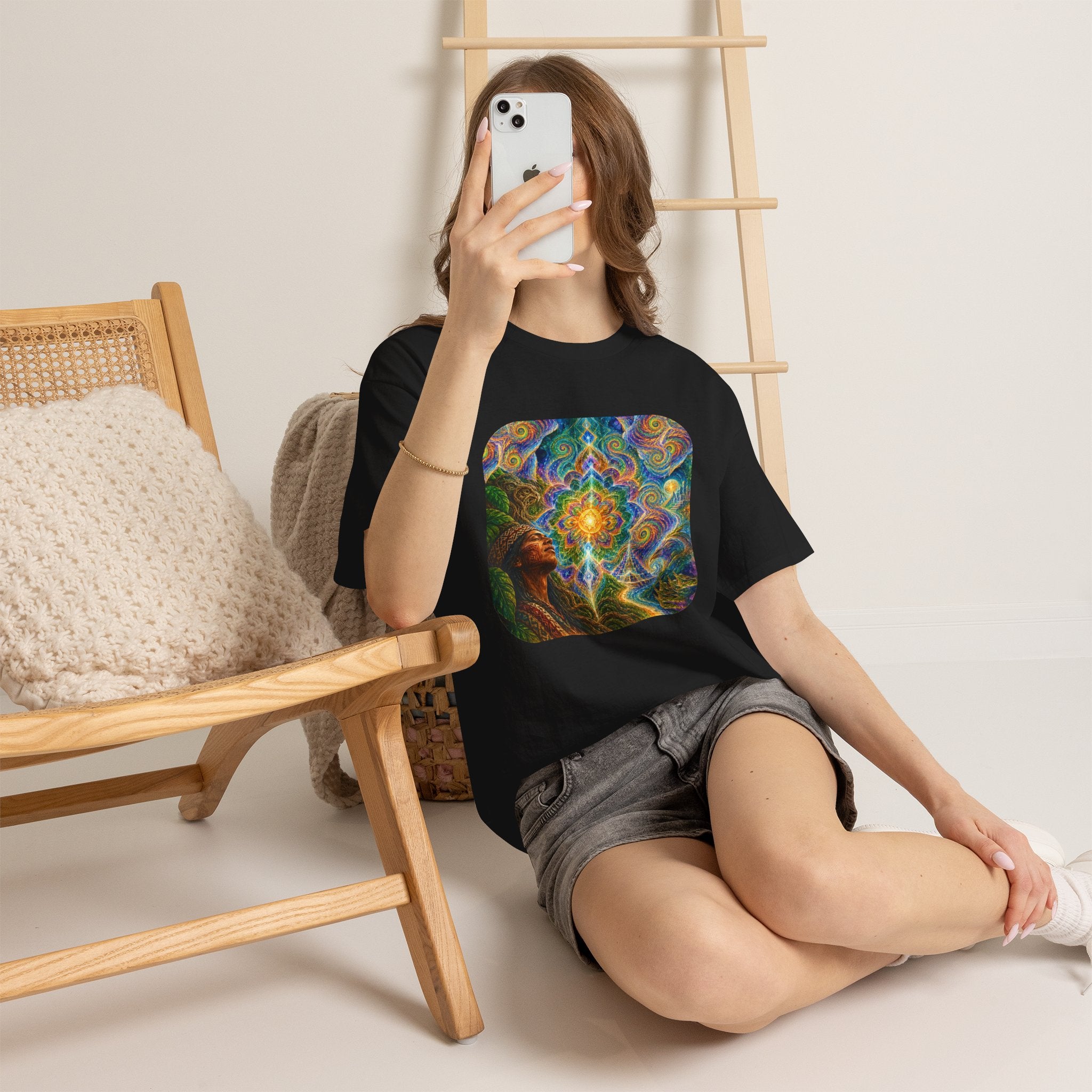 "See the world not with eyes, but with the soul." Ayahuasca  T-Shirt — Mystic Mandala & Shamanic Portrait Graphic