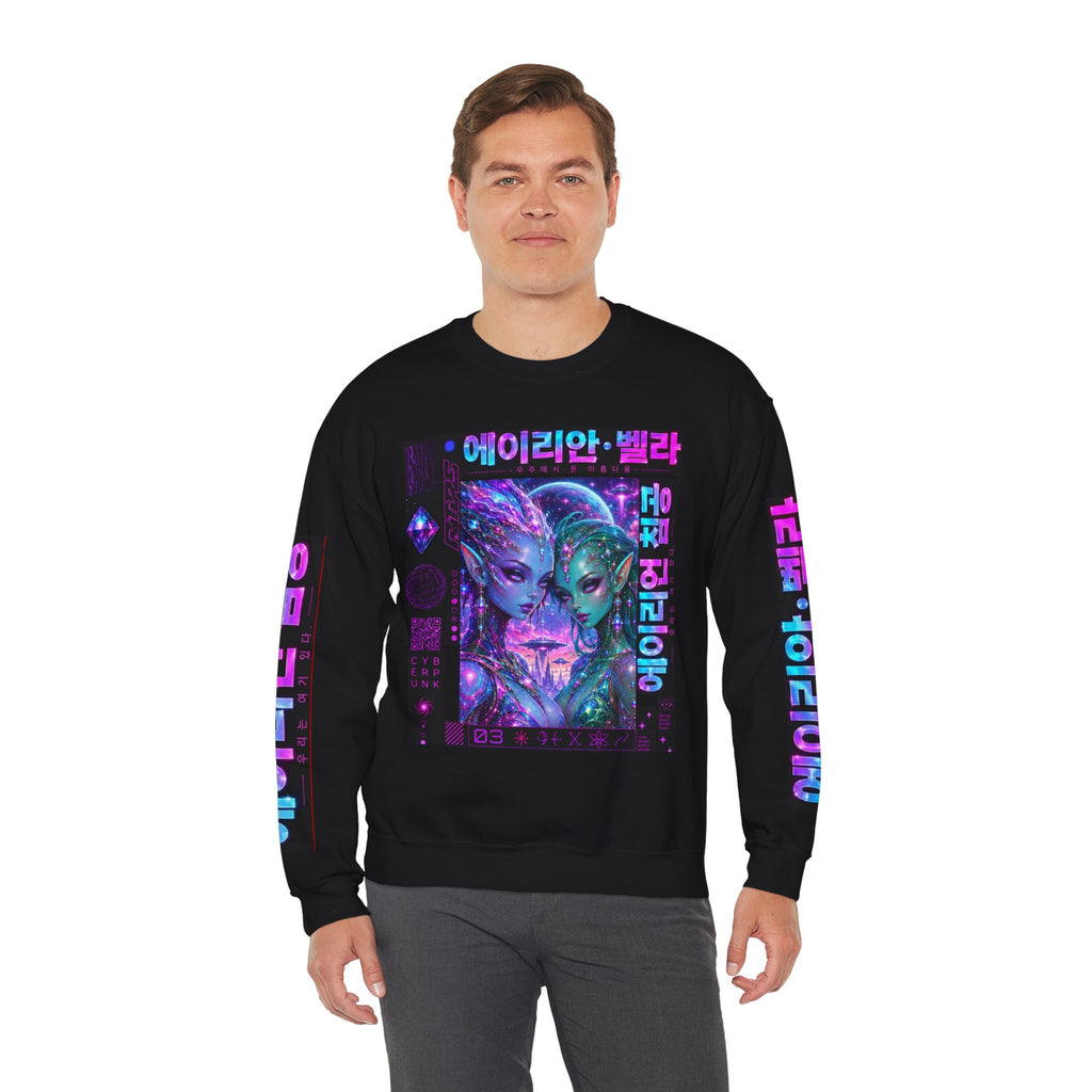 Alien Sisters Crewneck Sweatshirt — Neon Cyberpunk Space Art