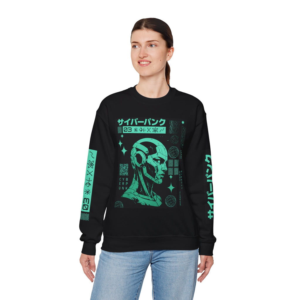 Cyberpunk Android Crewneck Sweatshirt — Neon Green Robotic Head Design