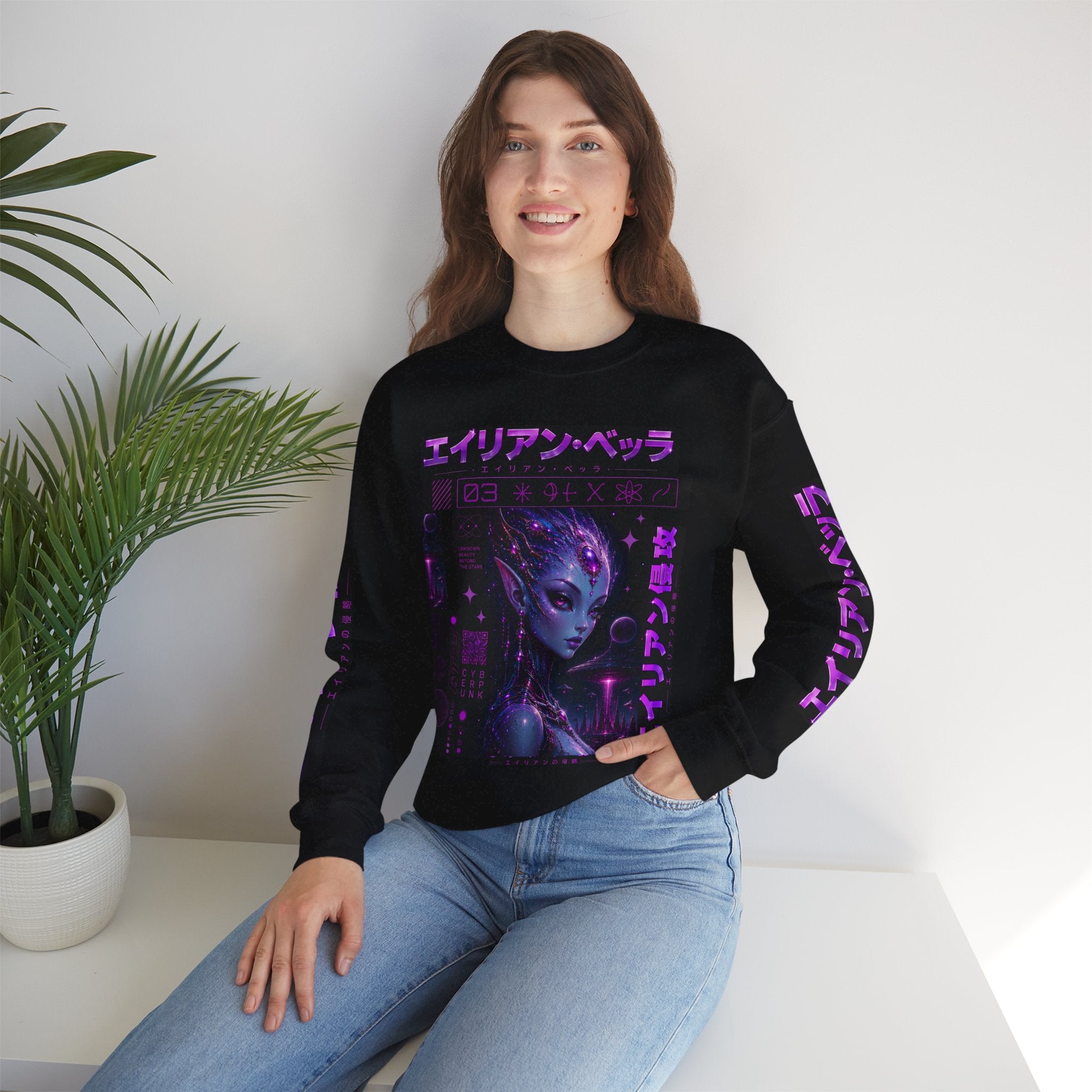 Alien Empress Crewneck Sweatshirt — Violet Cosmic Anime Graphic