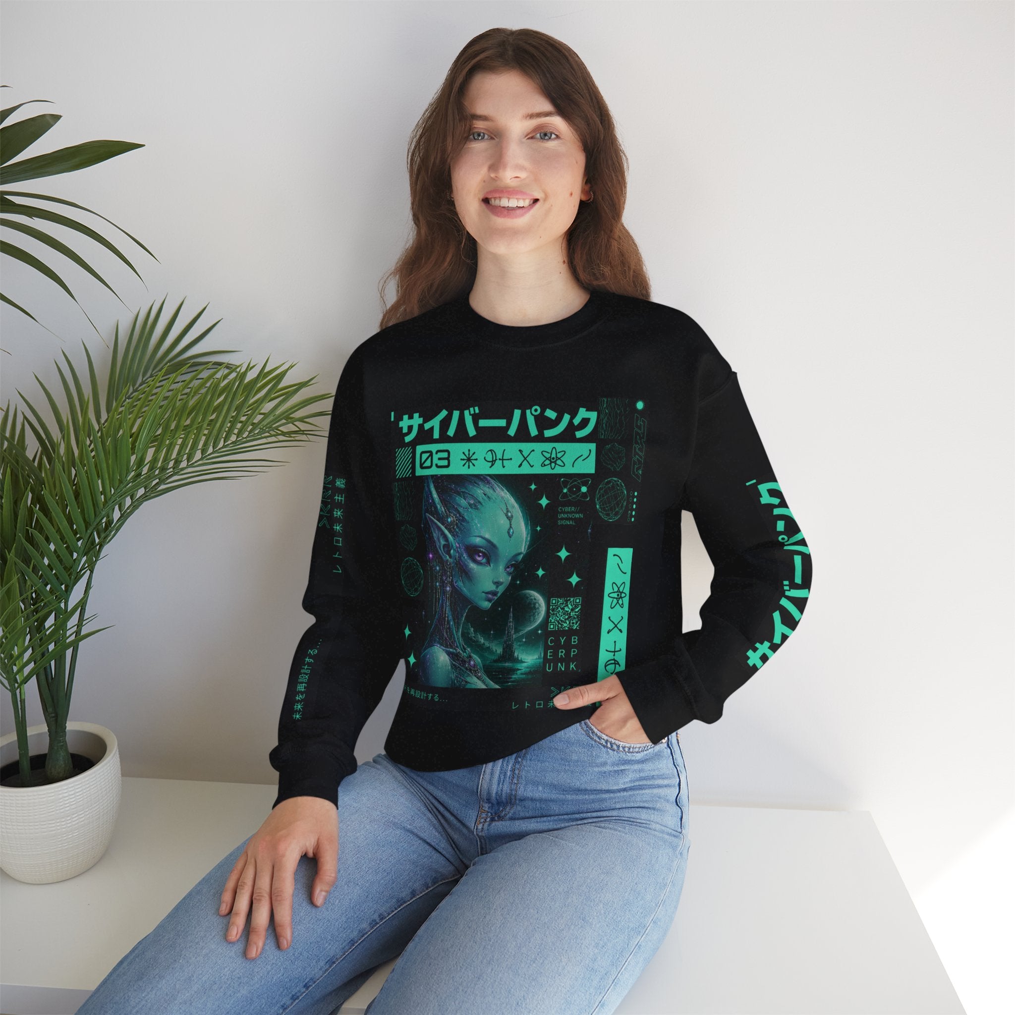 Cyberpunk Alien Crewneck Sweatshirt — Neon Green Futuristic Graphic
