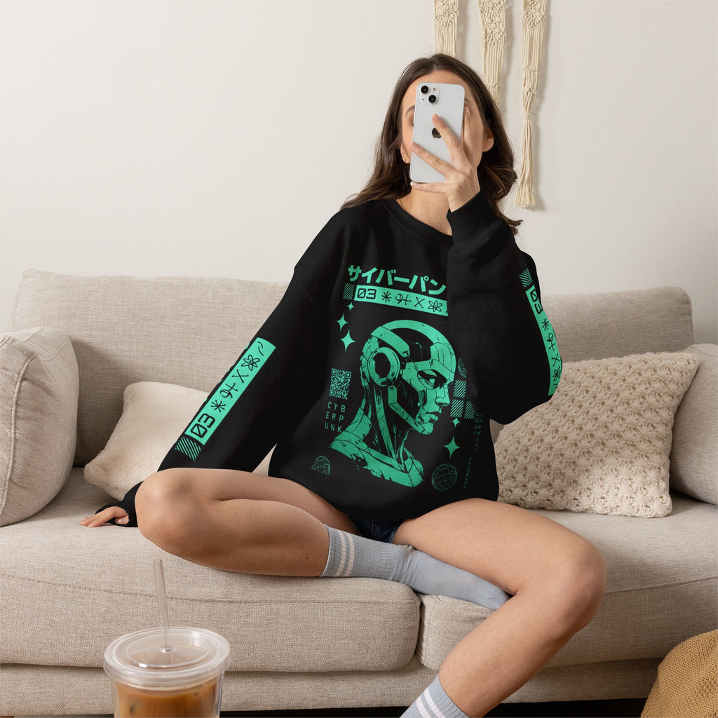 Cyberpunk Android Crewneck Sweatshirt — Neon Green Robotic Head Design