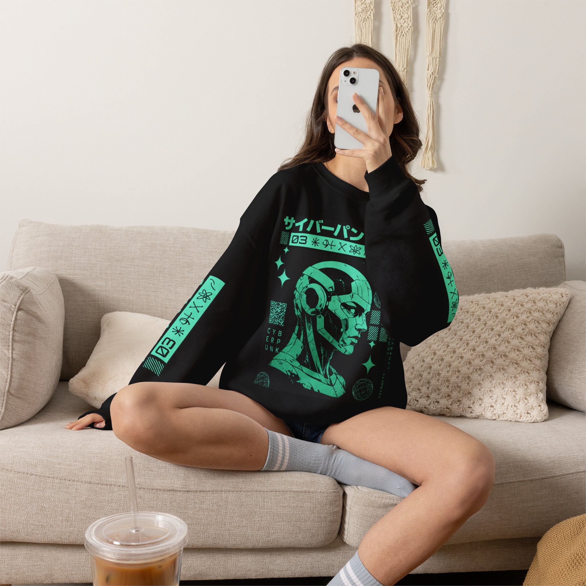 Cyberpunk Android Crewneck Sweatshirt — Neon Green Robotic Head Design