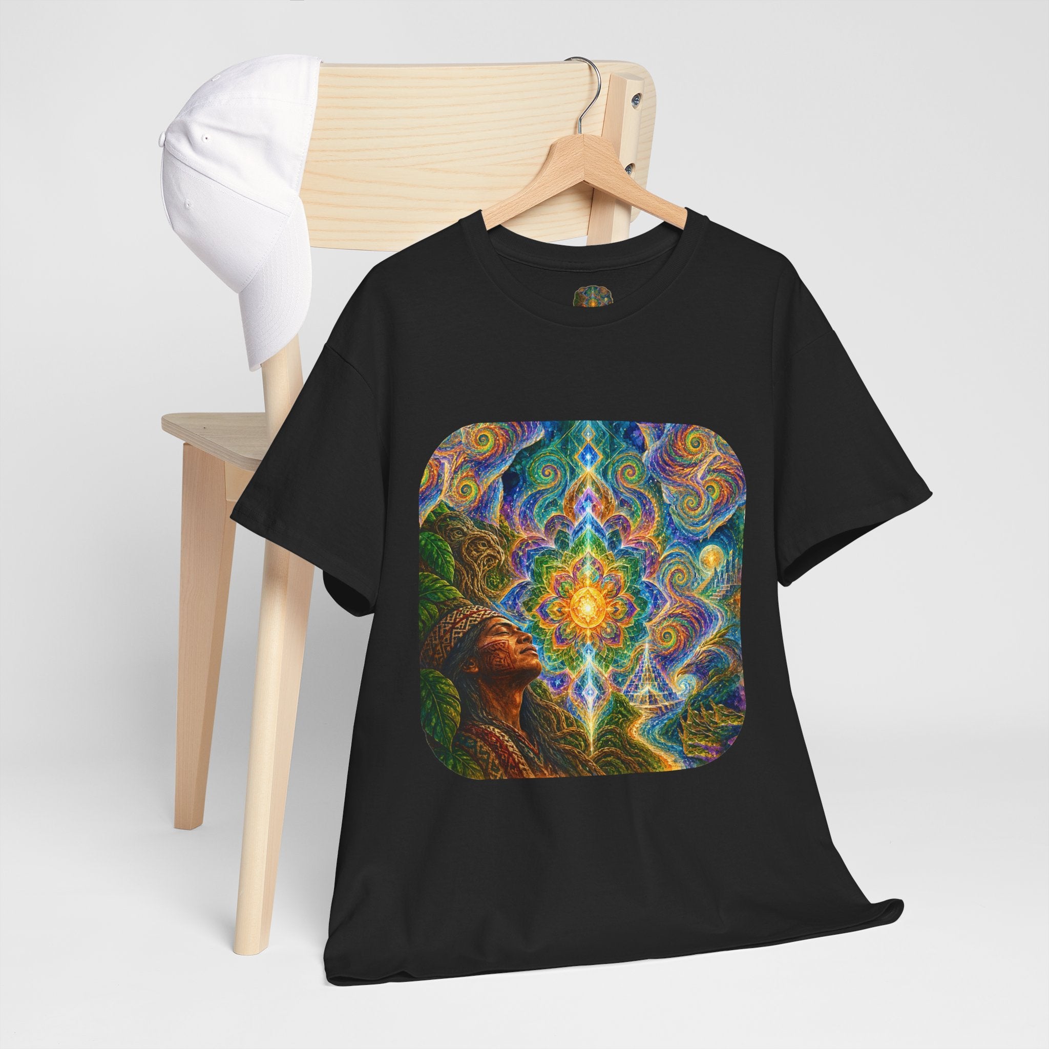 "See the world not with eyes, but with the soul." Ayahuasca  T-Shirt — Mystic Mandala & Shamanic Portrait Graphic
