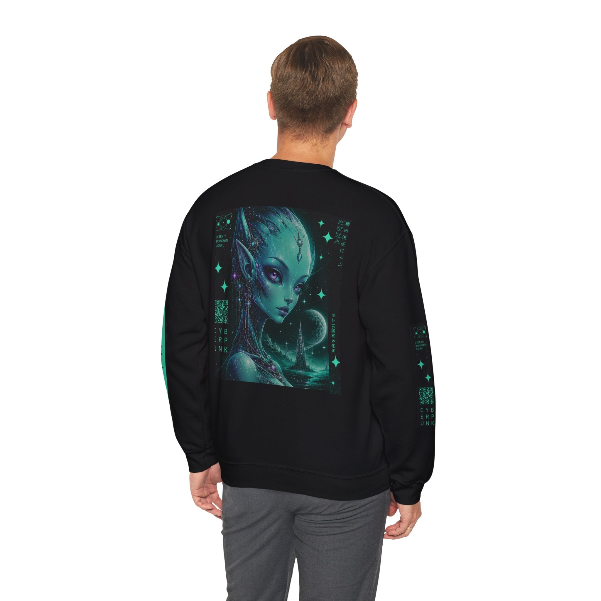 Cyberpunk Alien Crewneck Sweatshirt — Neon Green Futuristic Graphic