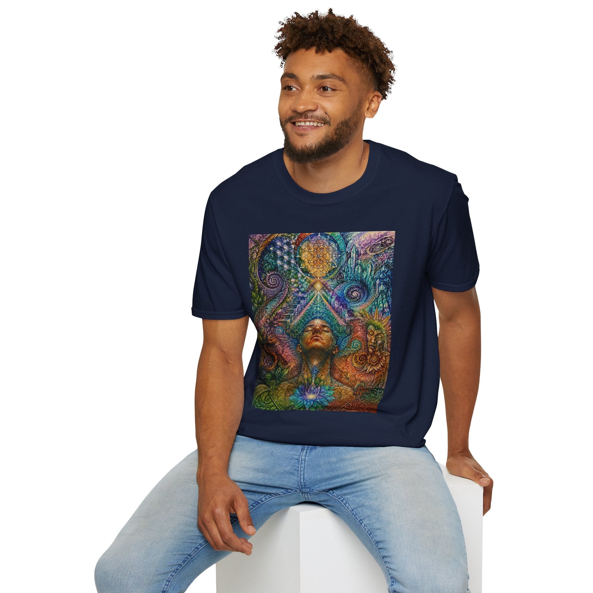 Psychedelic Visionary Tee — Spiritual Geometry & Rising Human Artwork