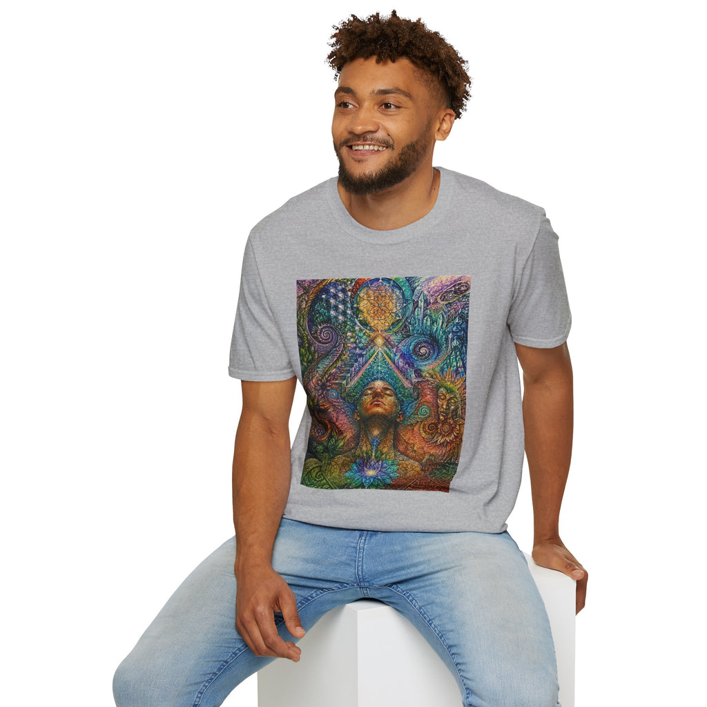 Psychedelic Visionary Tee — Spiritual Geometry & Rising Human Artwork