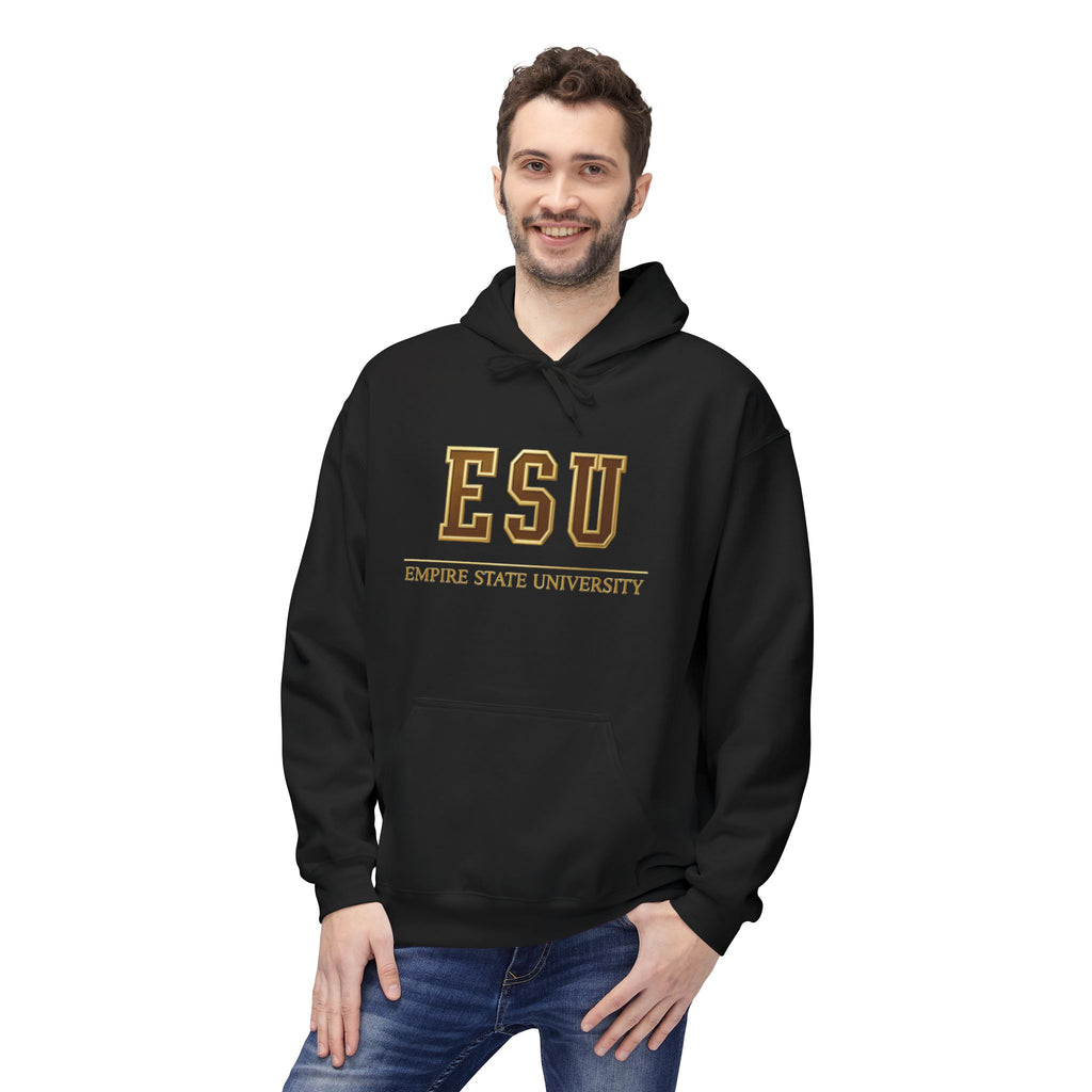 ESU Empire State University Hoodie — Collegiate Brown Pullover with Crest & Element Icons
