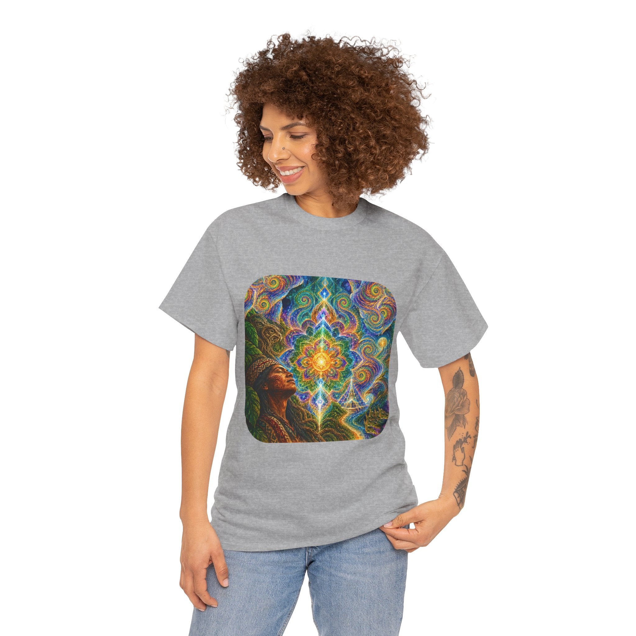 "See the world not with eyes, but with the soul." Ayahuasca  T-Shirt — Mystic Mandala & Shamanic Portrait Graphic