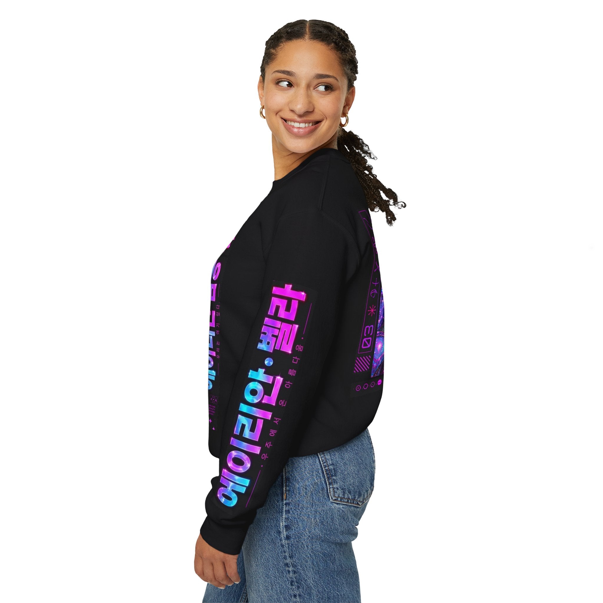 Alien Sisters Crewneck Sweatshirt — Neon Cyberpunk Space Art