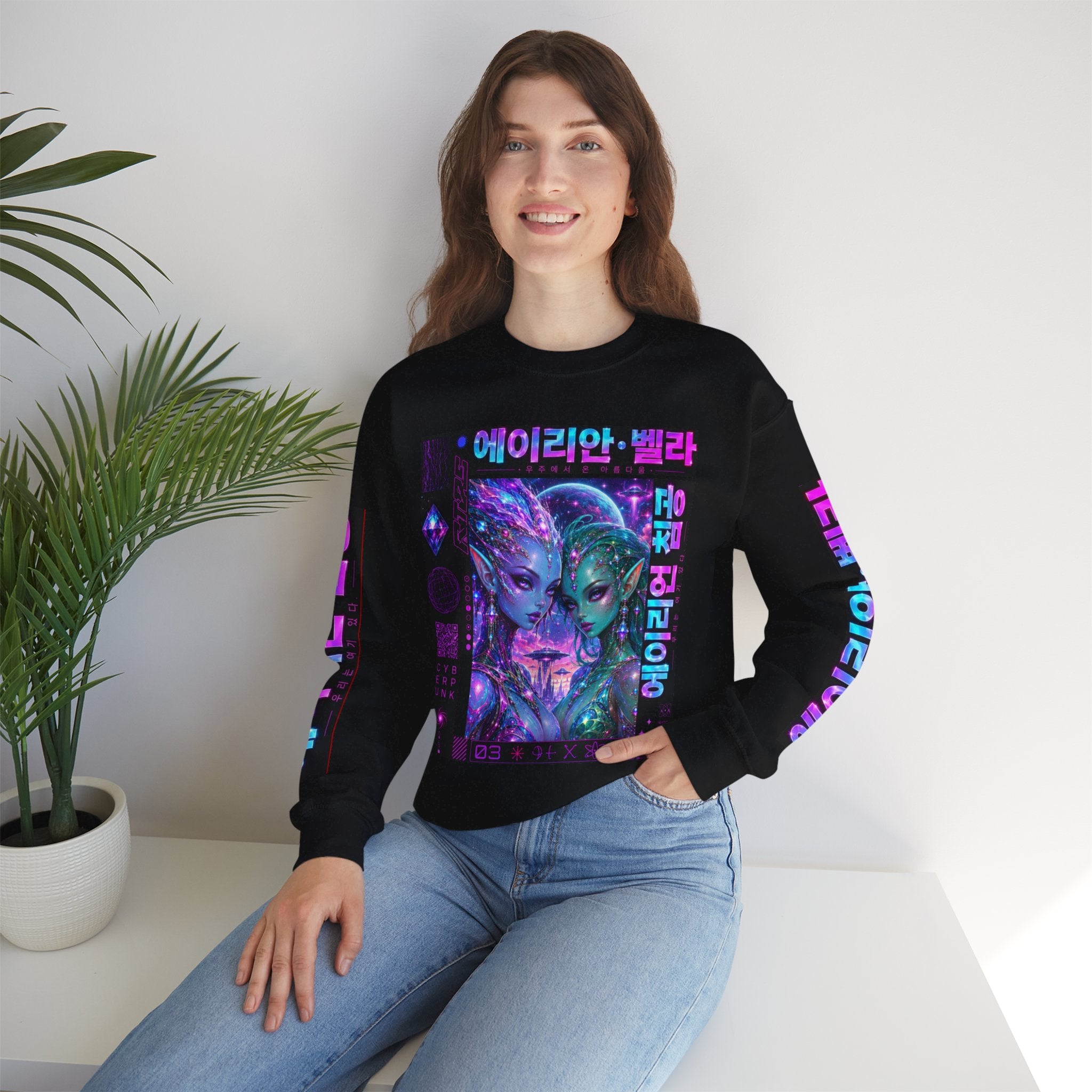 Alien Sisters Crewneck Sweatshirt — Neon Cyberpunk Space Art