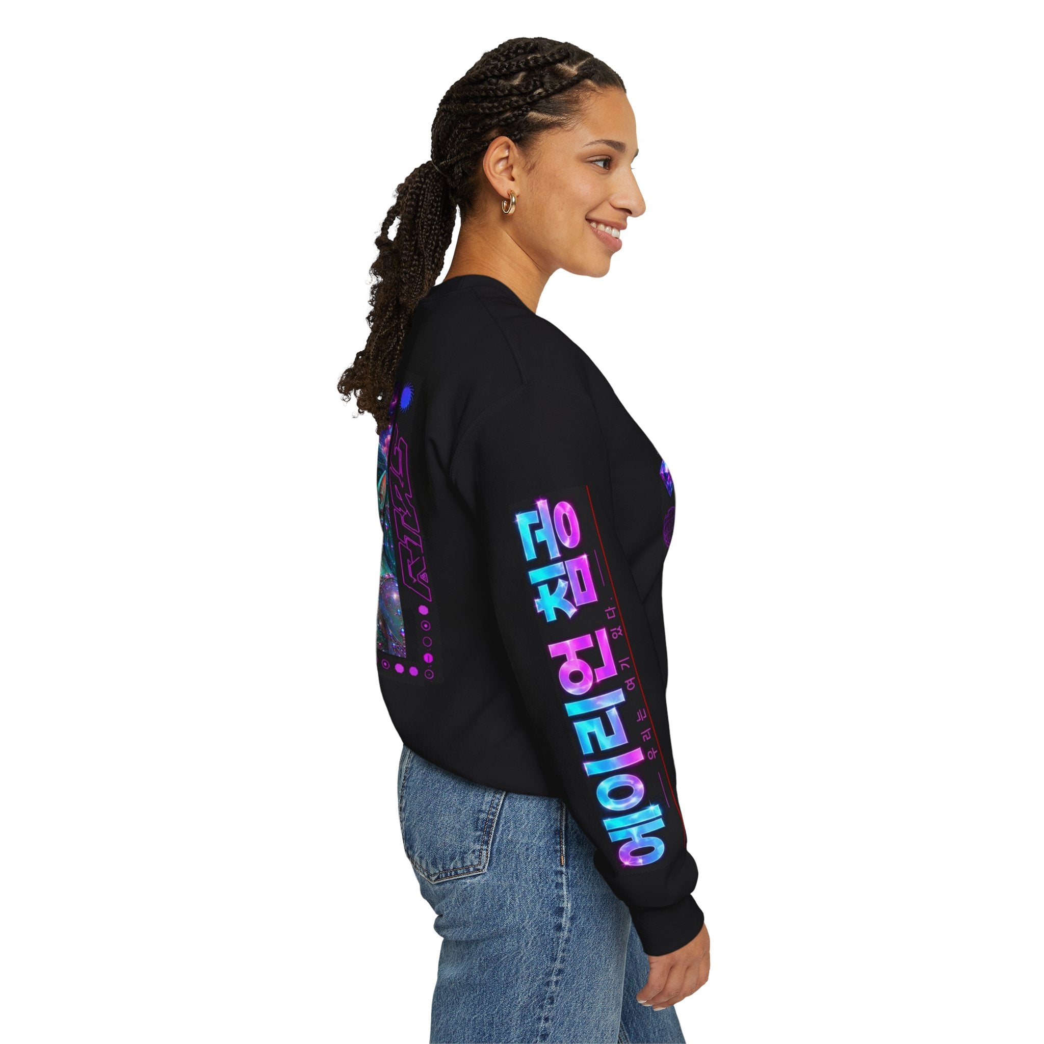 Alien Sisters Crewneck Sweatshirt — Neon Cyberpunk Space Art