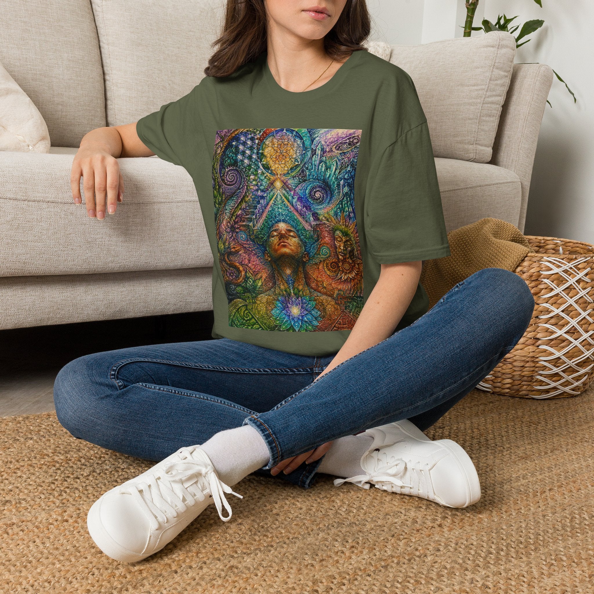 Psychedelic Visionary Tee — Spiritual Geometry & Rising Human Artwork