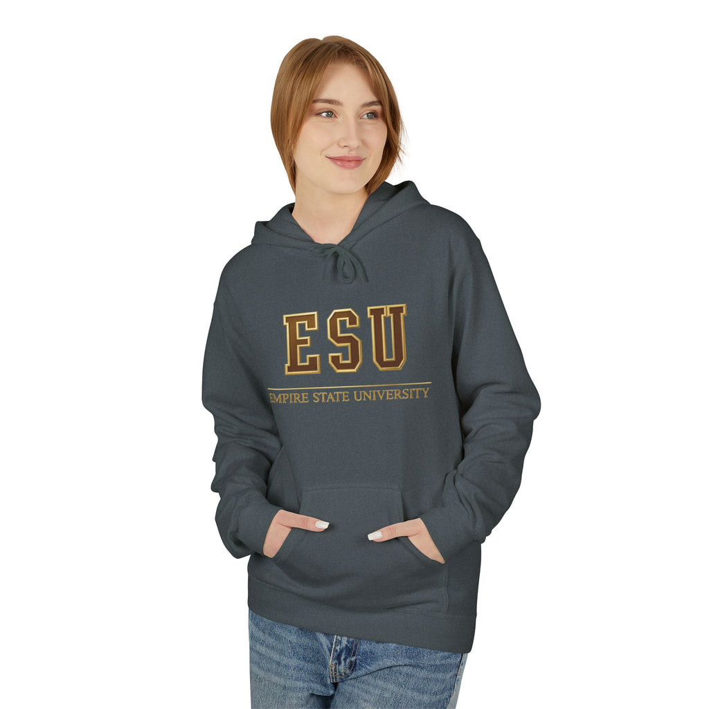 ESU Empire State University Hoodie — Collegiate Brown Pullover with Crest & Element Icons