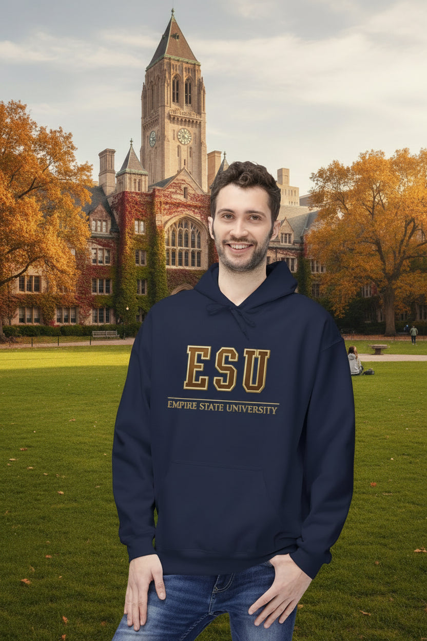ESU Empire State University Hoodie — Collegiate Brown Pullover with Crest & Element Icons