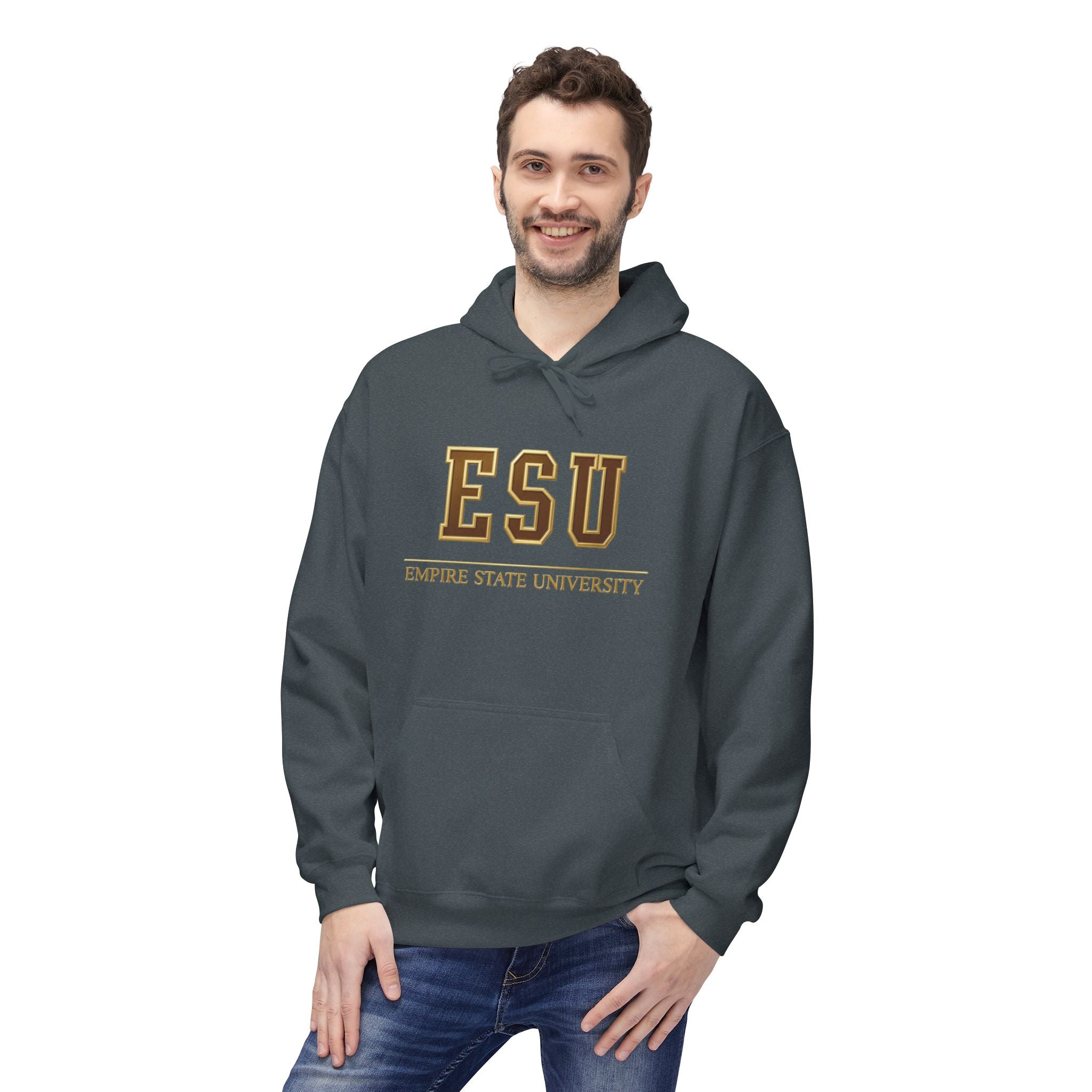 ESU Empire State University Hoodie — Collegiate Brown Pullover with Crest & Element Icons