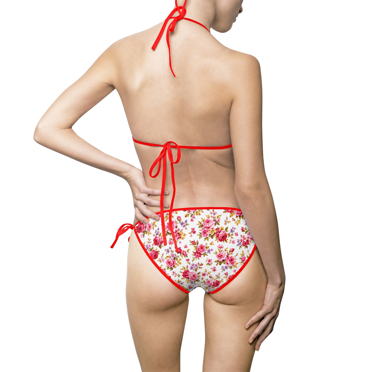 Floral Tie-Side Bikini Swimsuit — Red Trim Triangle Top & Bottom
