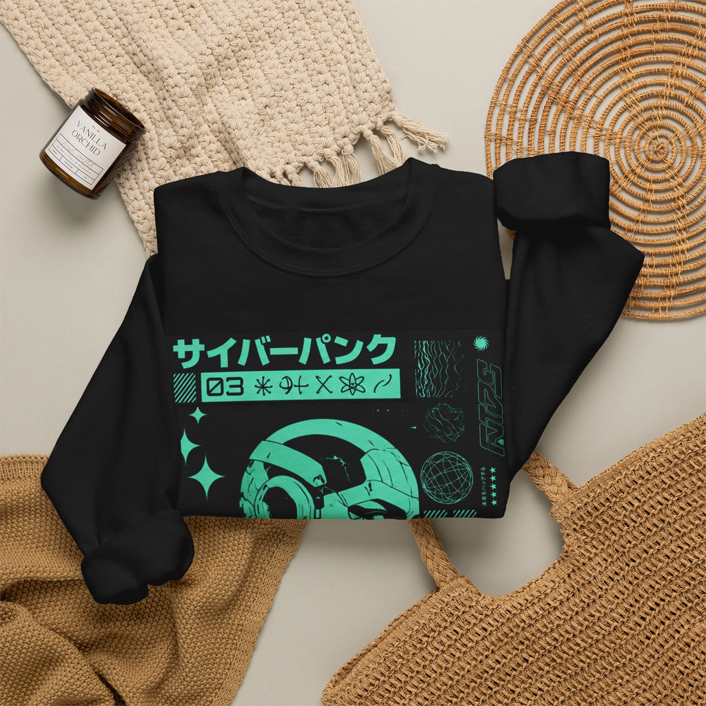 Cyberpunk Android Crewneck Sweatshirt — Neon Green Robotic Head Design