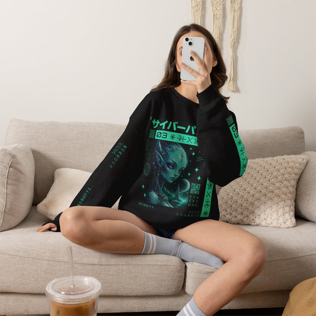 Cyberpunk Alien Crewneck Sweatshirt — Neon Green Futuristic Graphic