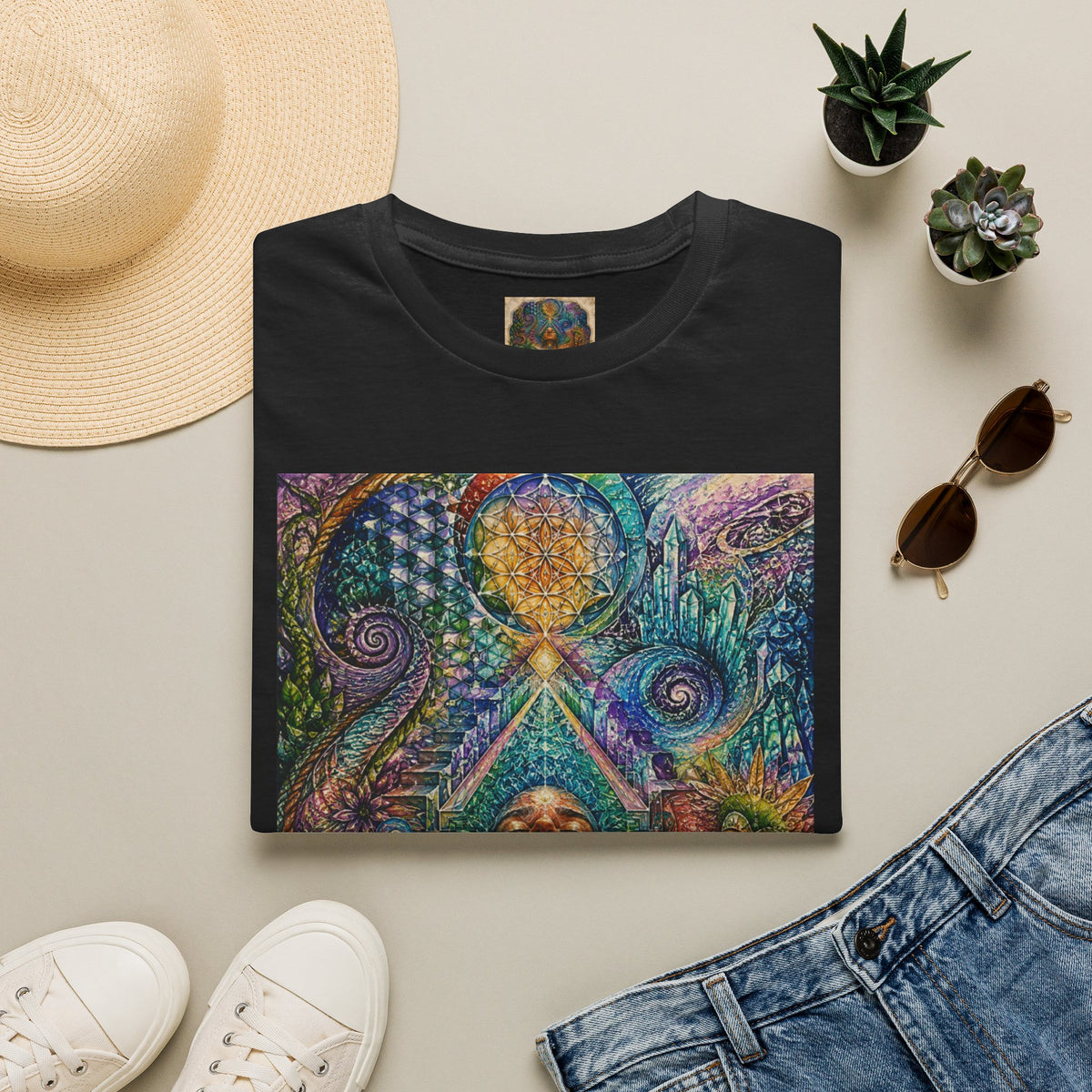 Psychedelic Visionary Tee — Spiritual Geometry & Rising Human Artwork