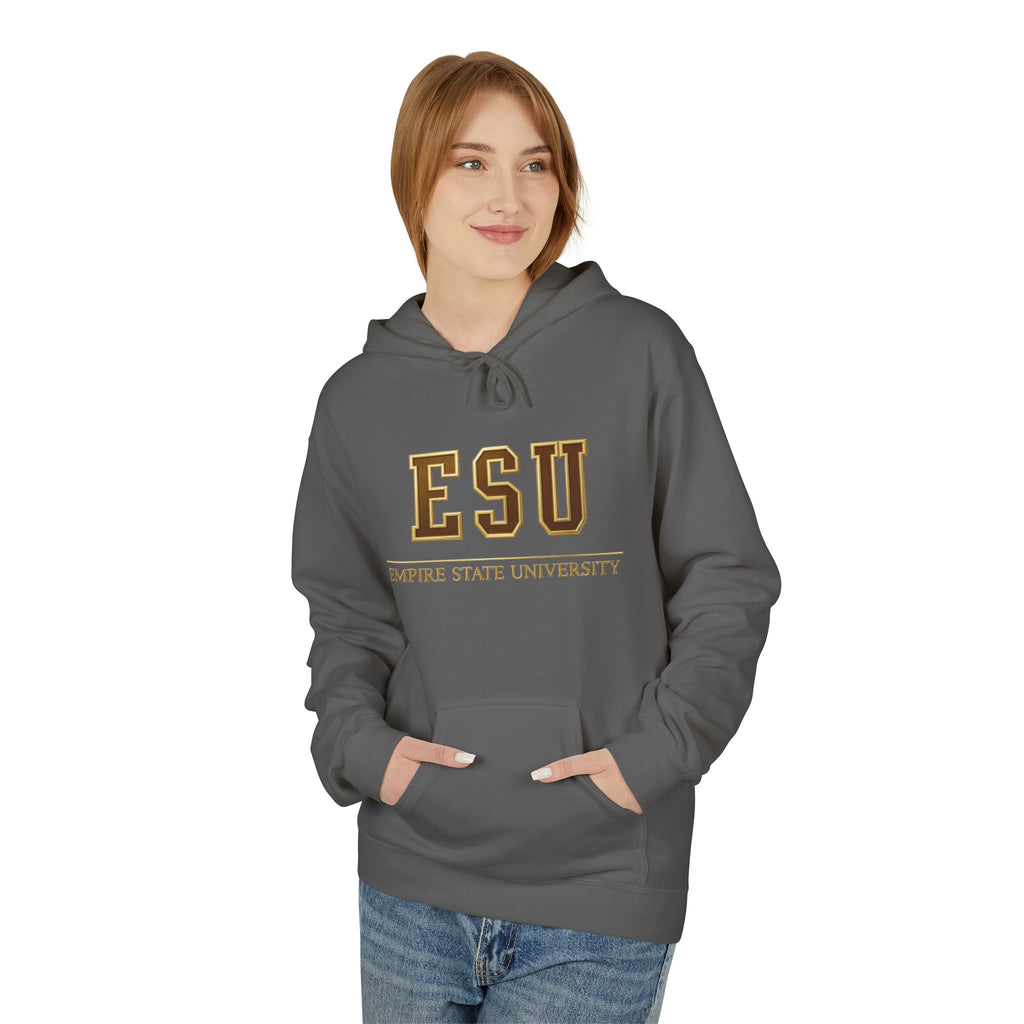 ESU Empire State University Hoodie — Collegiate Brown Pullover with Crest & Element Icons