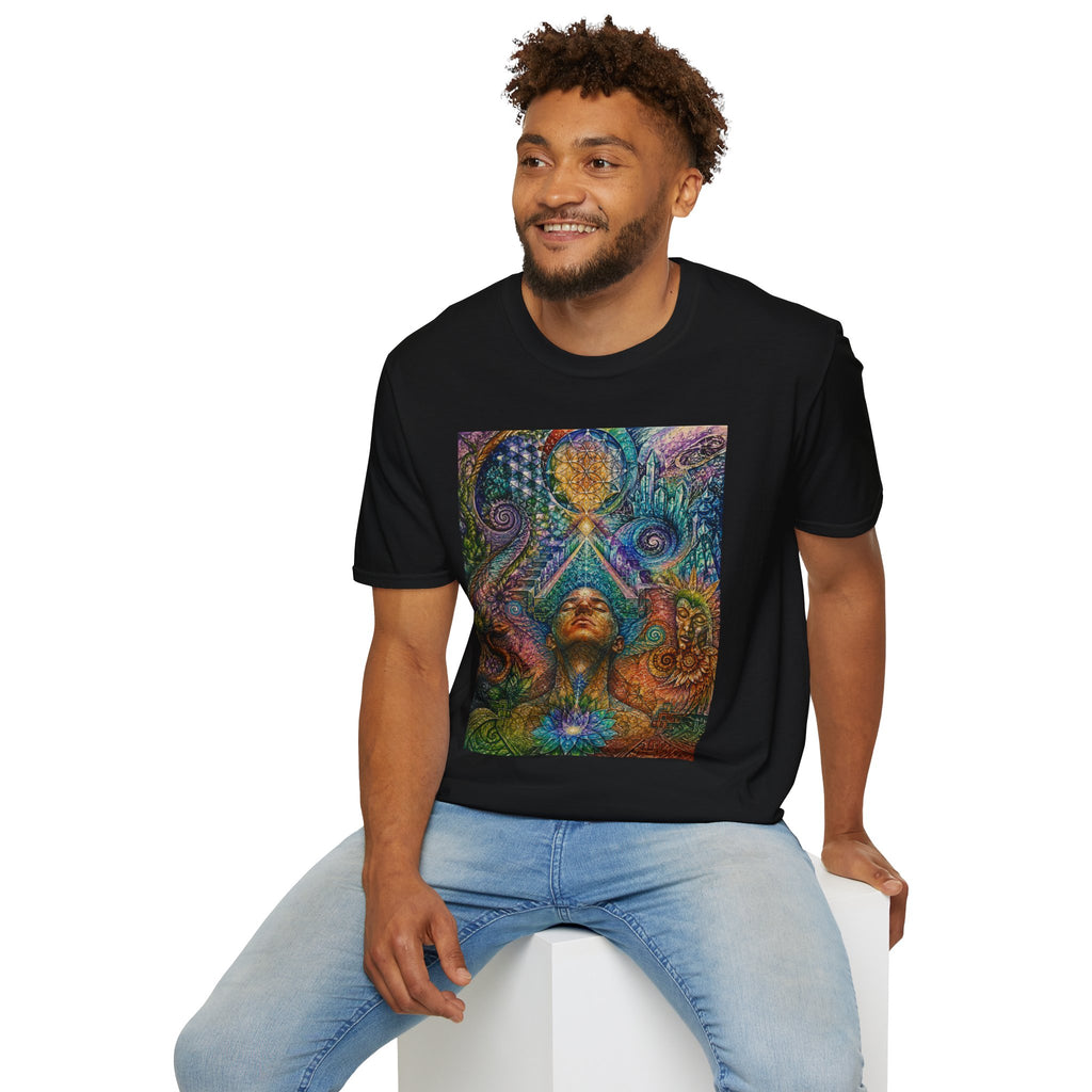 Psychedelic Visionary Tee — Spiritual Geometry & Rising Human Artwork