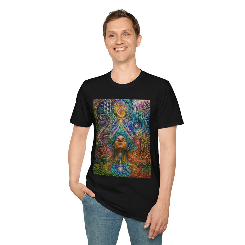 Psychedelic Visionary Tee — Spiritual Geometry & Rising Human Artwork